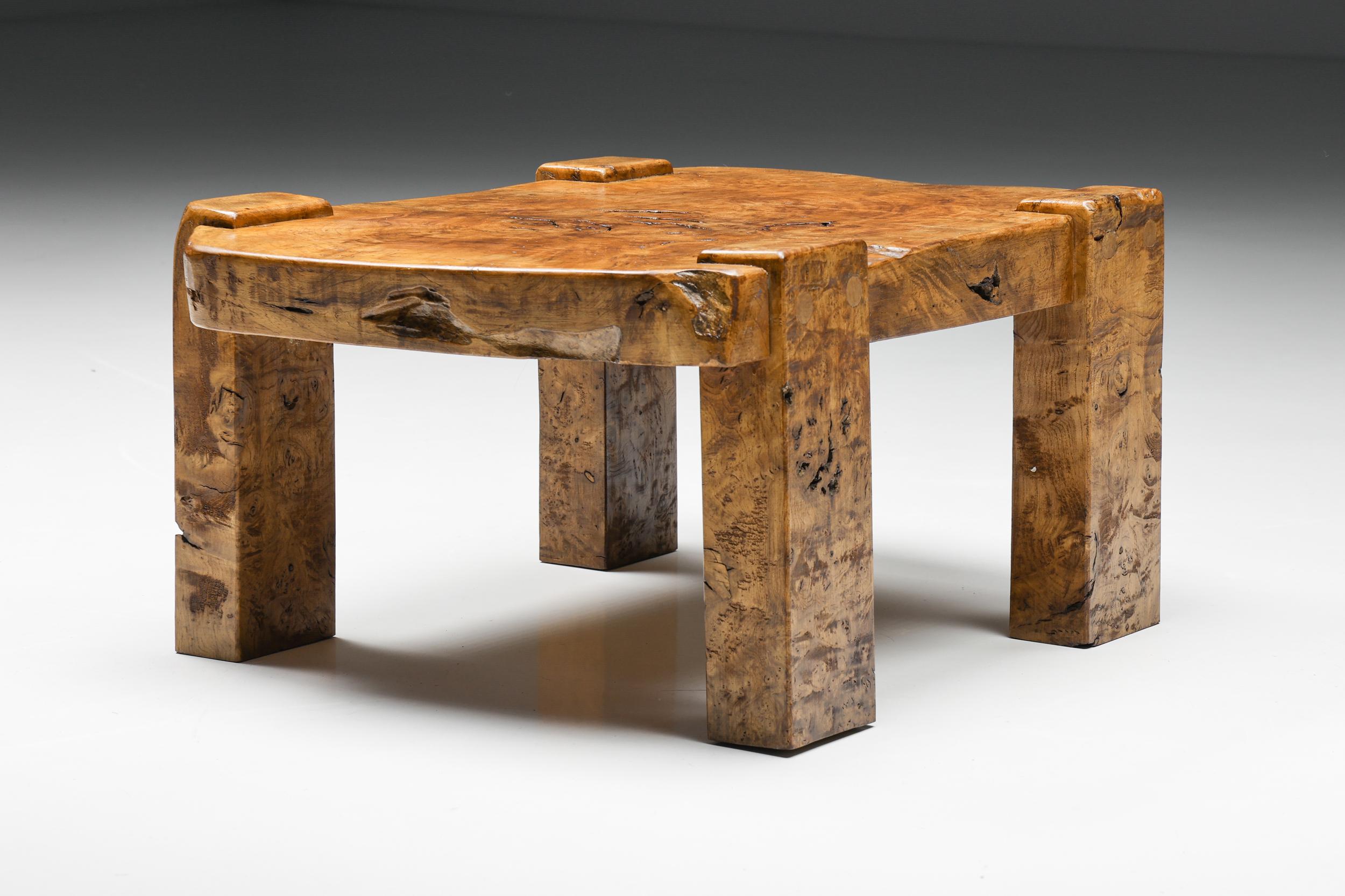Burl wabi sabi rustic square coffee table, patina, side table, the Netherlands, 1930's;

Rustic square coffee table in burl wood. The remarkable patina and wood pattern in combination with the free crafted shape make this piece a one of a kind.