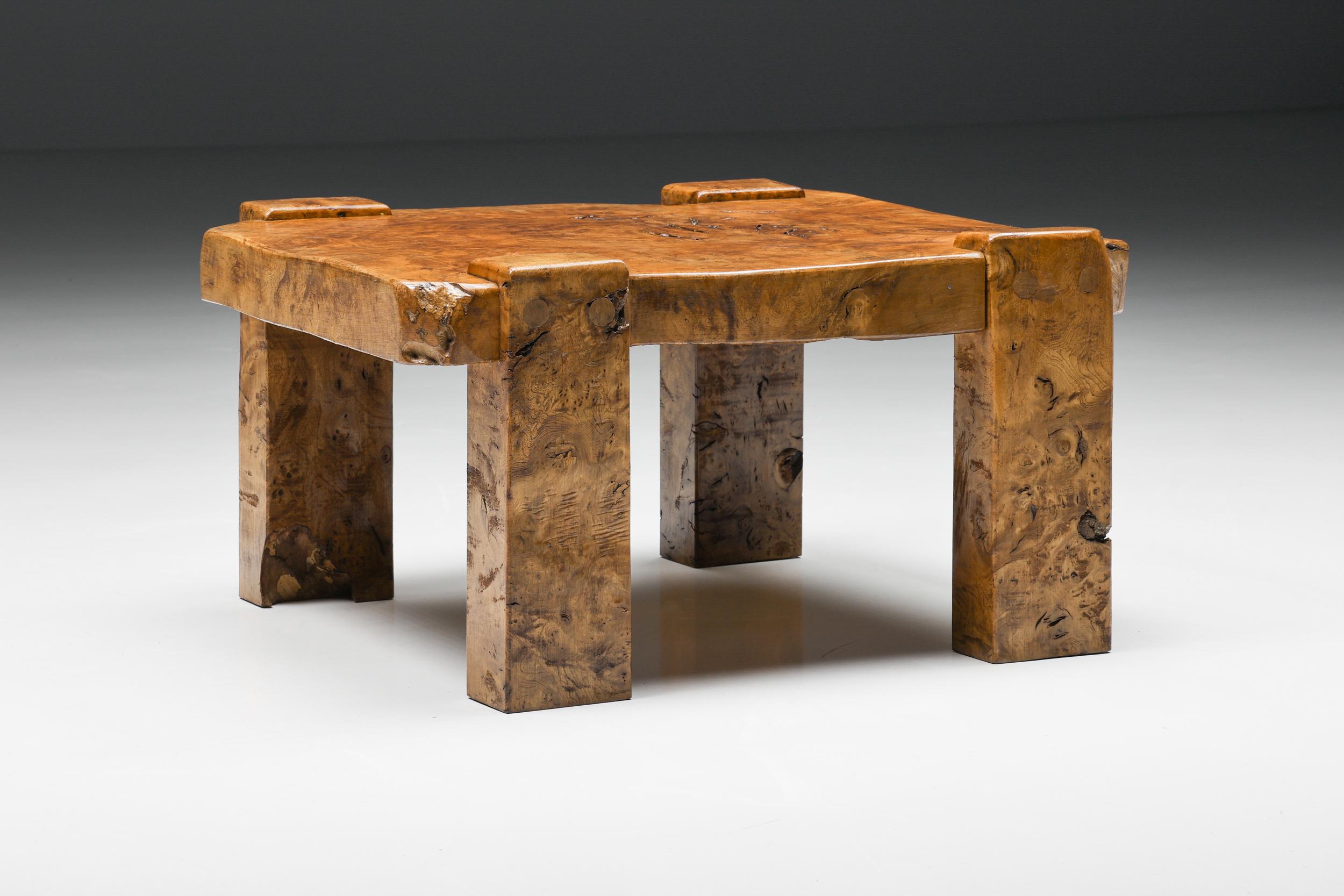 Burl Wabi Sabi Rustic Square Coffee Table, Patina, Side Table, 1930's In Excellent Condition In Antwerp, BE