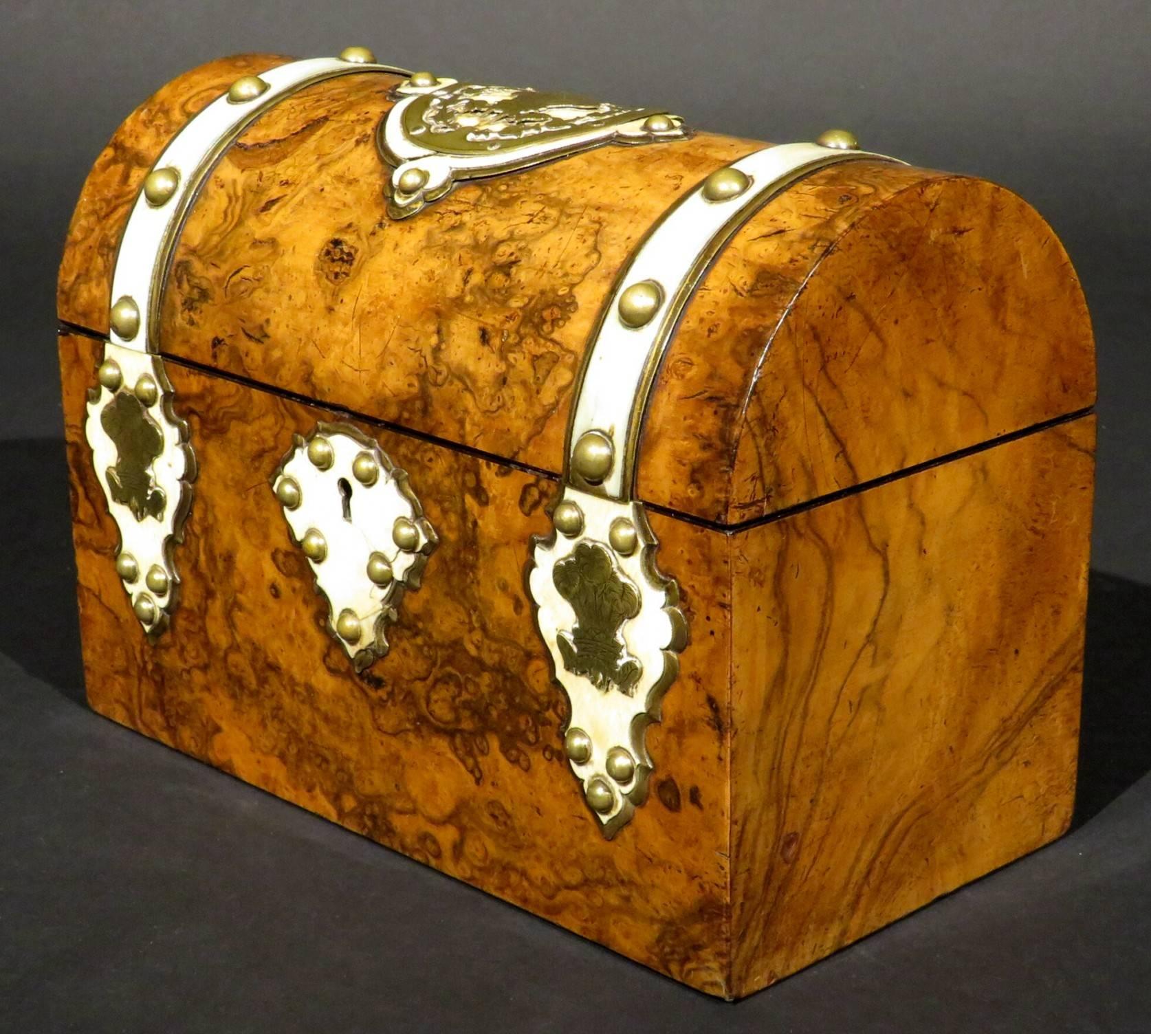 English Burl Walnut and Brass Bound Document Box / Jewellery Casket, England Circa 1860