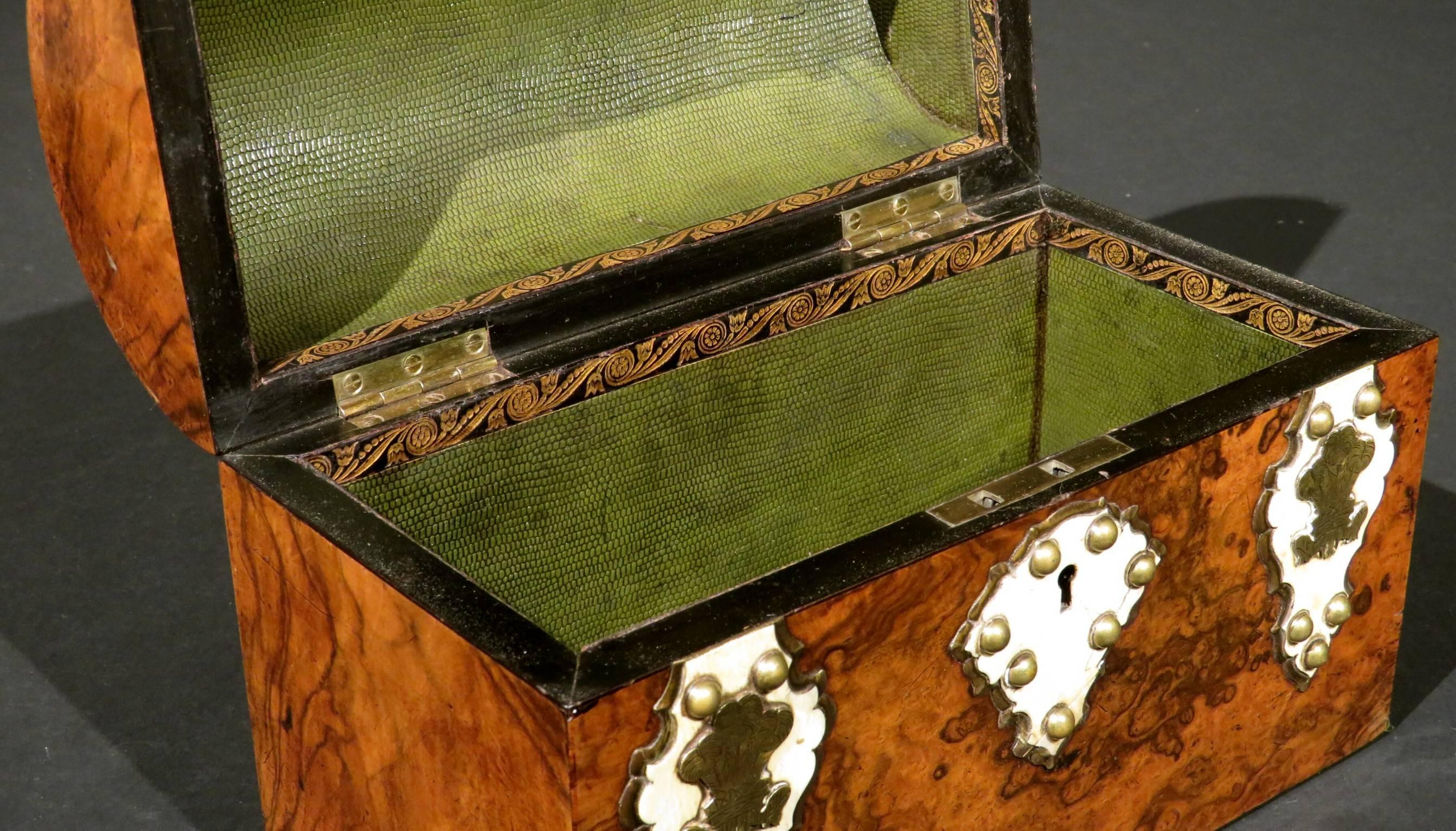 Burl Walnut and Brass Bound Document Box / Jewellery Casket, England Circa 1860 1