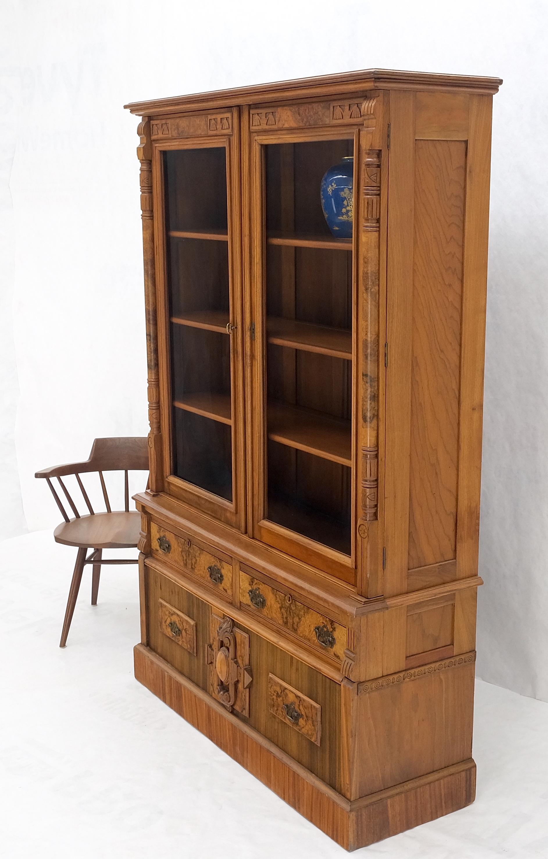 Burl Walnut Adjustable Shelves Two Doors One Drawer Antique Bookcase Cabinet For Sale 8