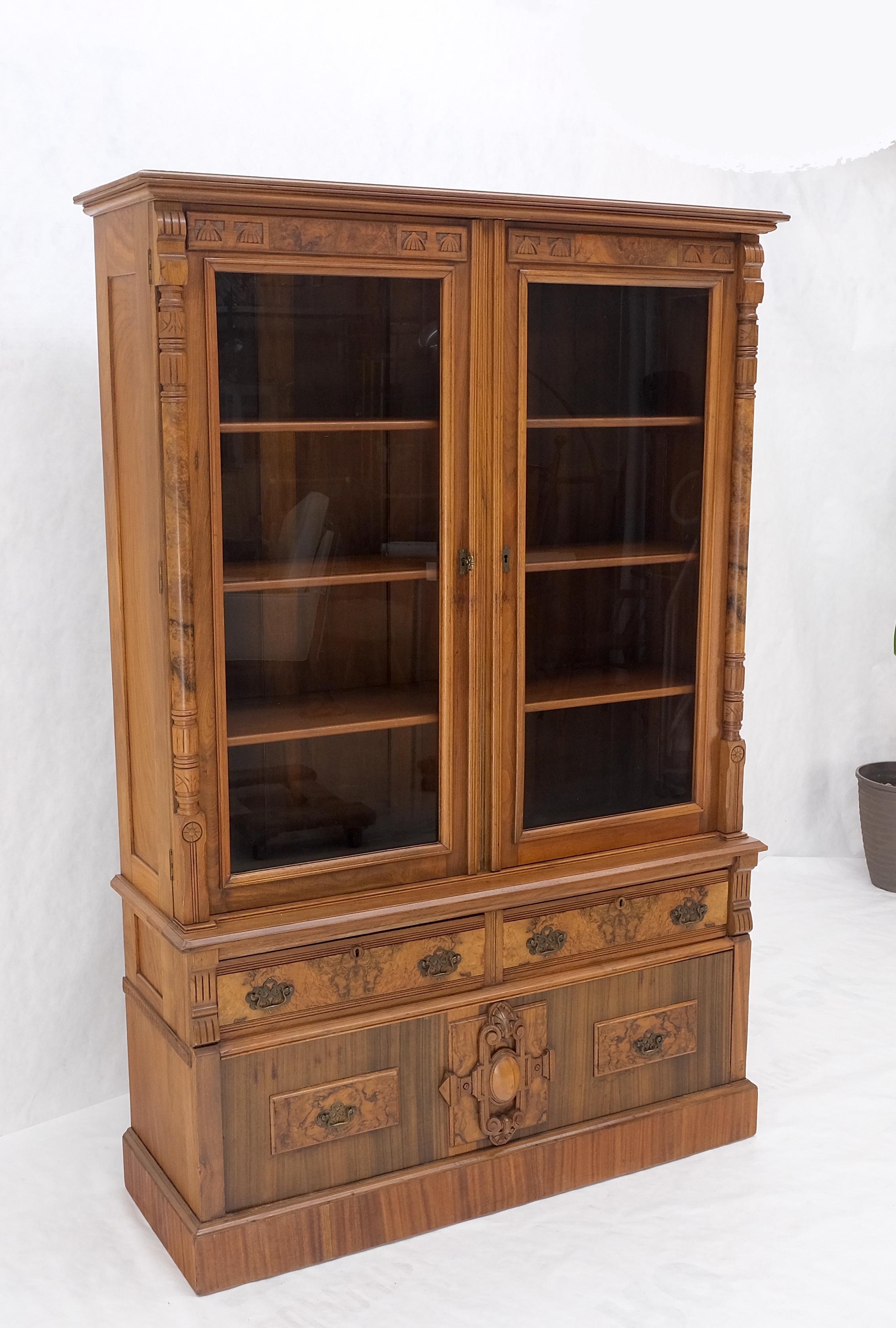 Burl Walnut Adjustable Shelves Two Doors One Drawer Antique Bookcase Cabinet For Sale 9
