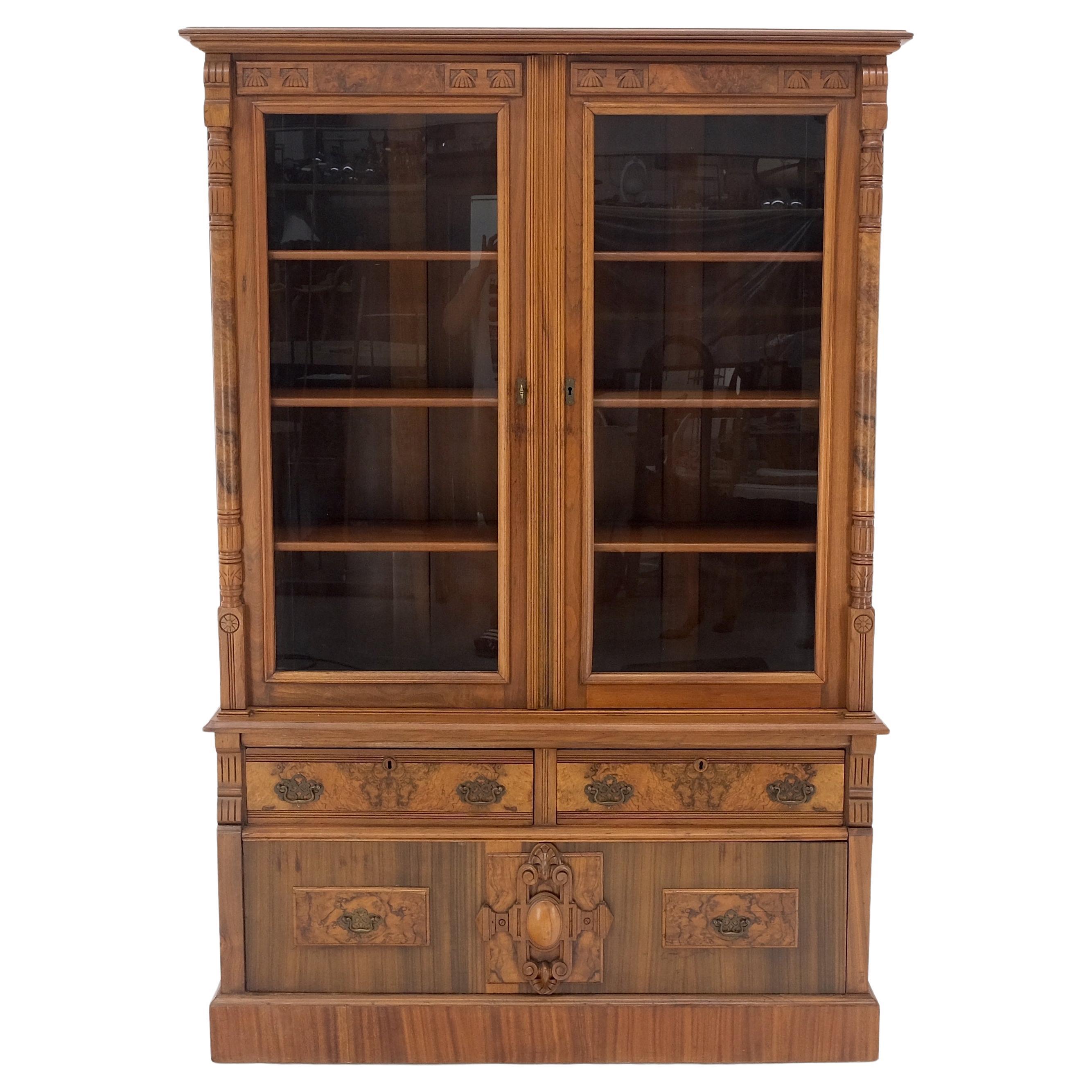 Burl walnut adjustable shelves two doors one drawer antique bookcase cabinet.