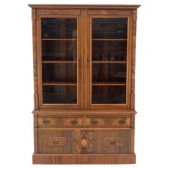 Burl Walnut Adjustable Shelves Two Doors One Drawer Antique Bookcase Cabinet