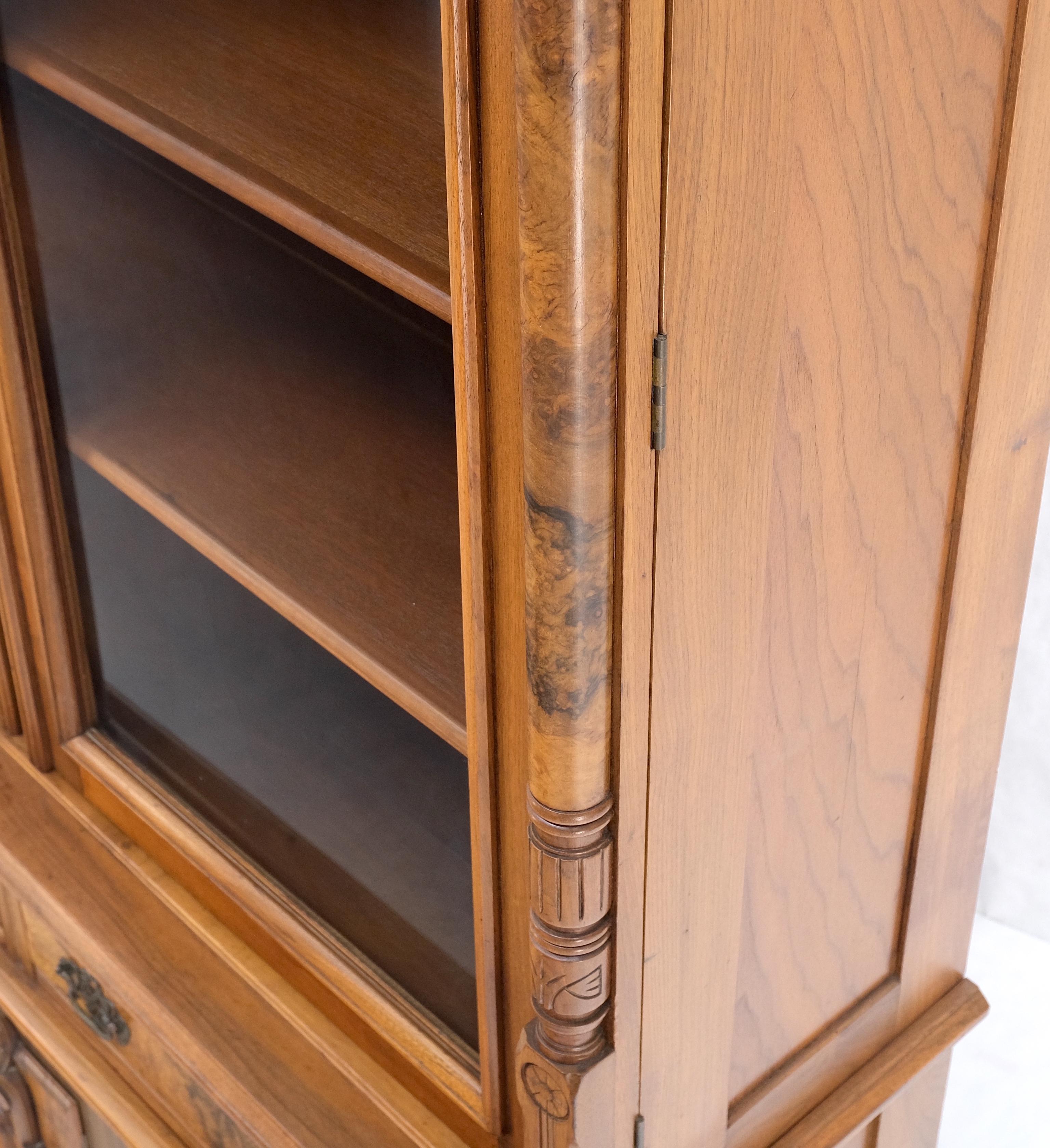 20th Century Burl Walnut Adjustable Shelves Two Doors One Drawer Antique Bookcase Cabinet For Sale