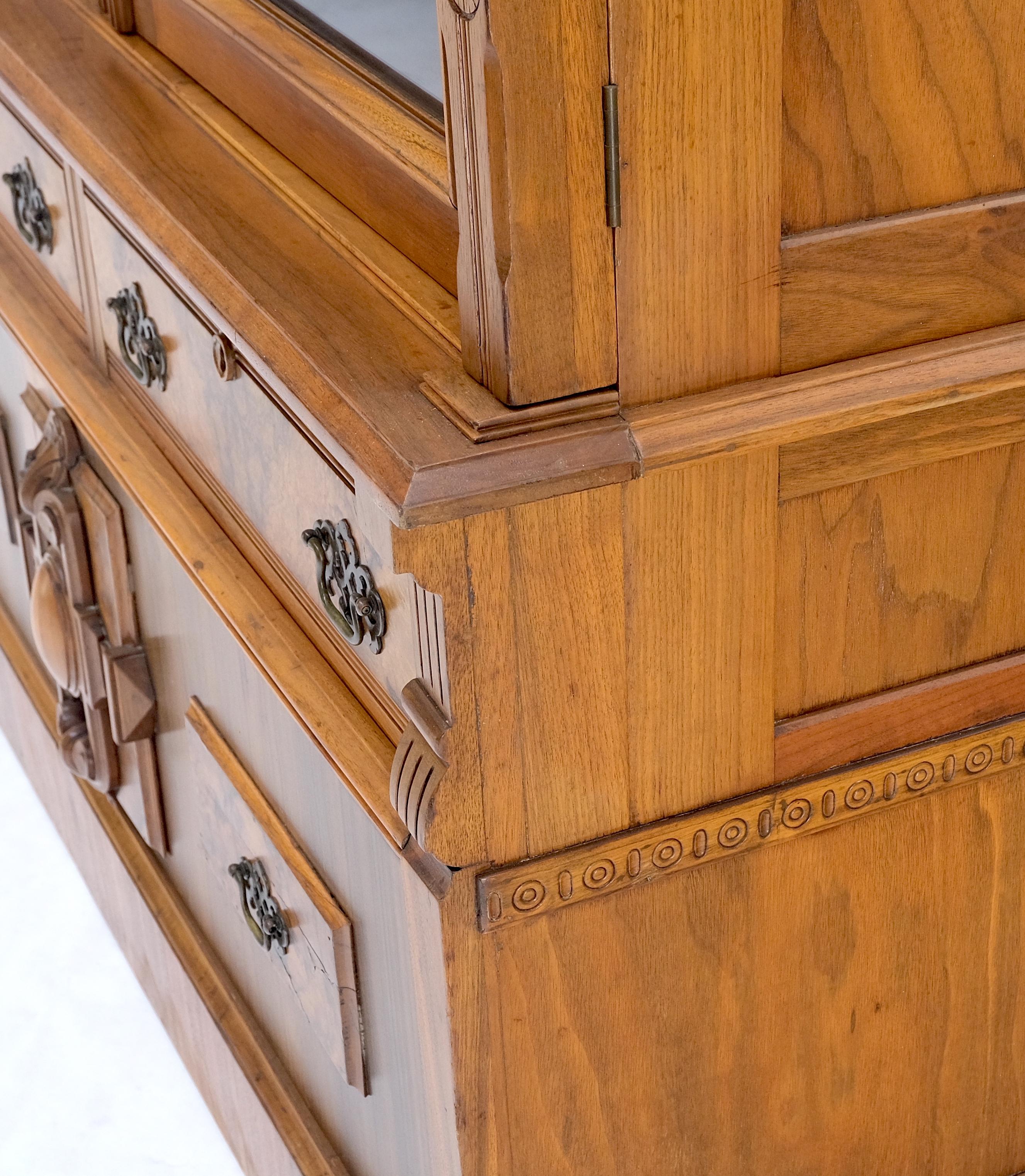 Brass Burl Walnut Adjustable Shelves Two Doors One Drawer Antique Bookcase Cabinet For Sale