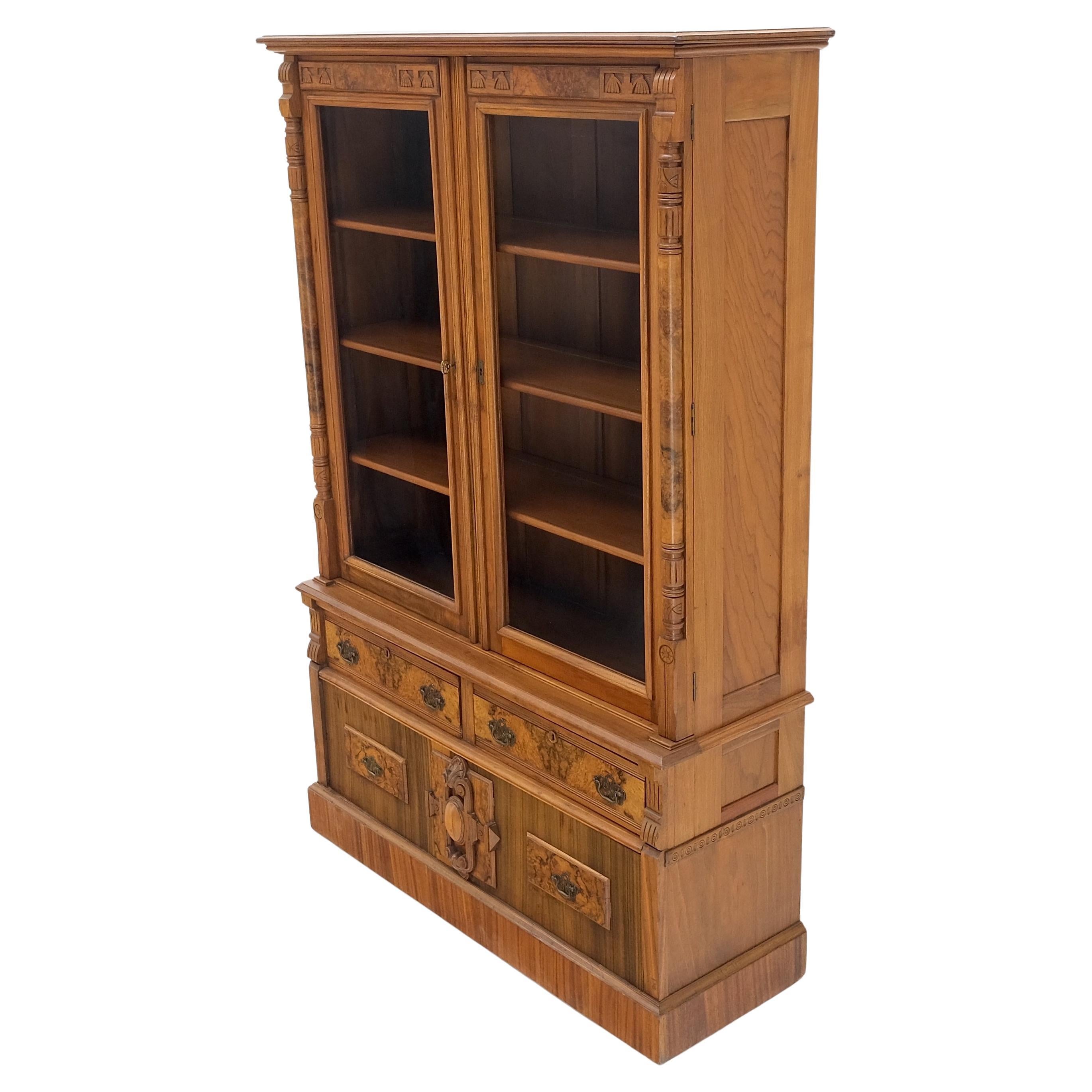 Burl Walnut Adjustable Shelves Two Doors One Drawer Antique Bookcase Cabinet For Sale