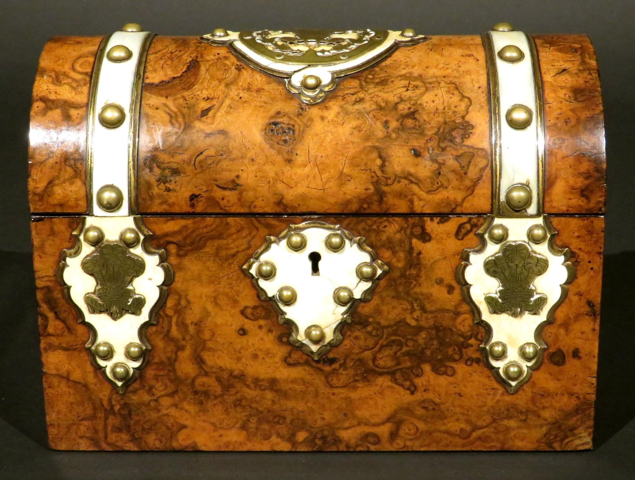 Victorian Burl Walnut and Brass Bound Document Box / Jewellery Casket, England Circa 1860