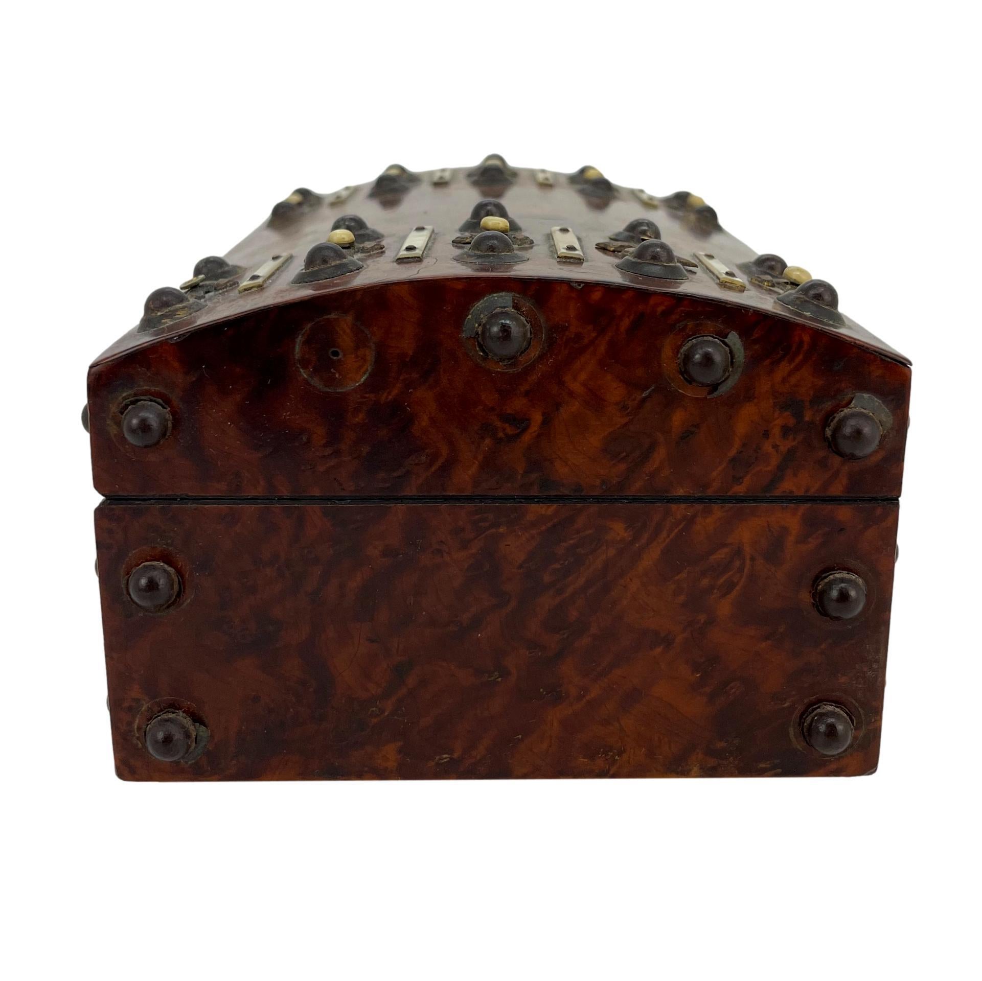 Victorian Burl Walnut and Brass Dome-Top Box with Mother-of-Pearl, English, ca. 1860 For Sale