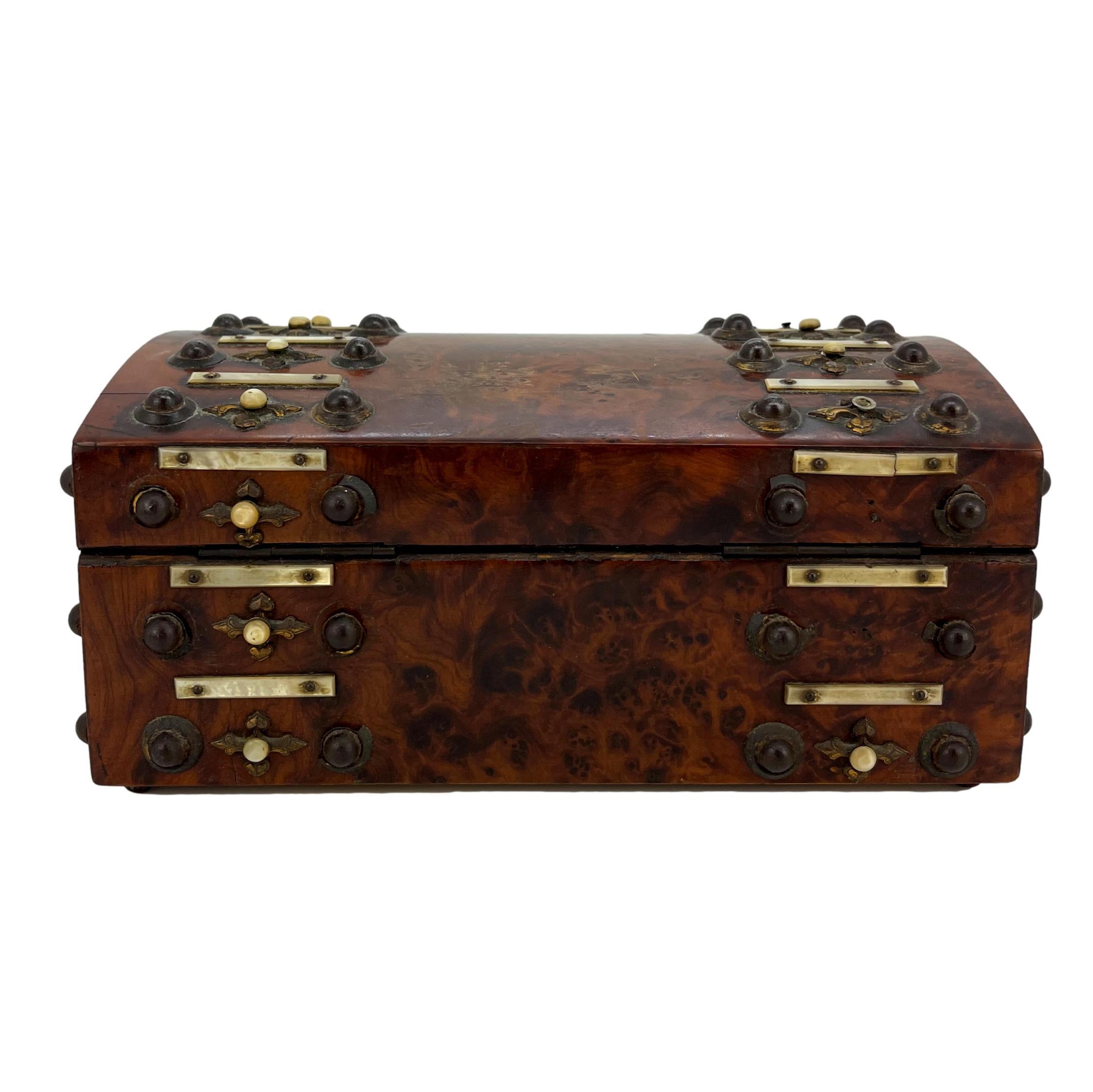 Hand-Crafted Burl Walnut and Brass Dome-Top Box with Mother-of-Pearl, English, ca. 1860 For Sale