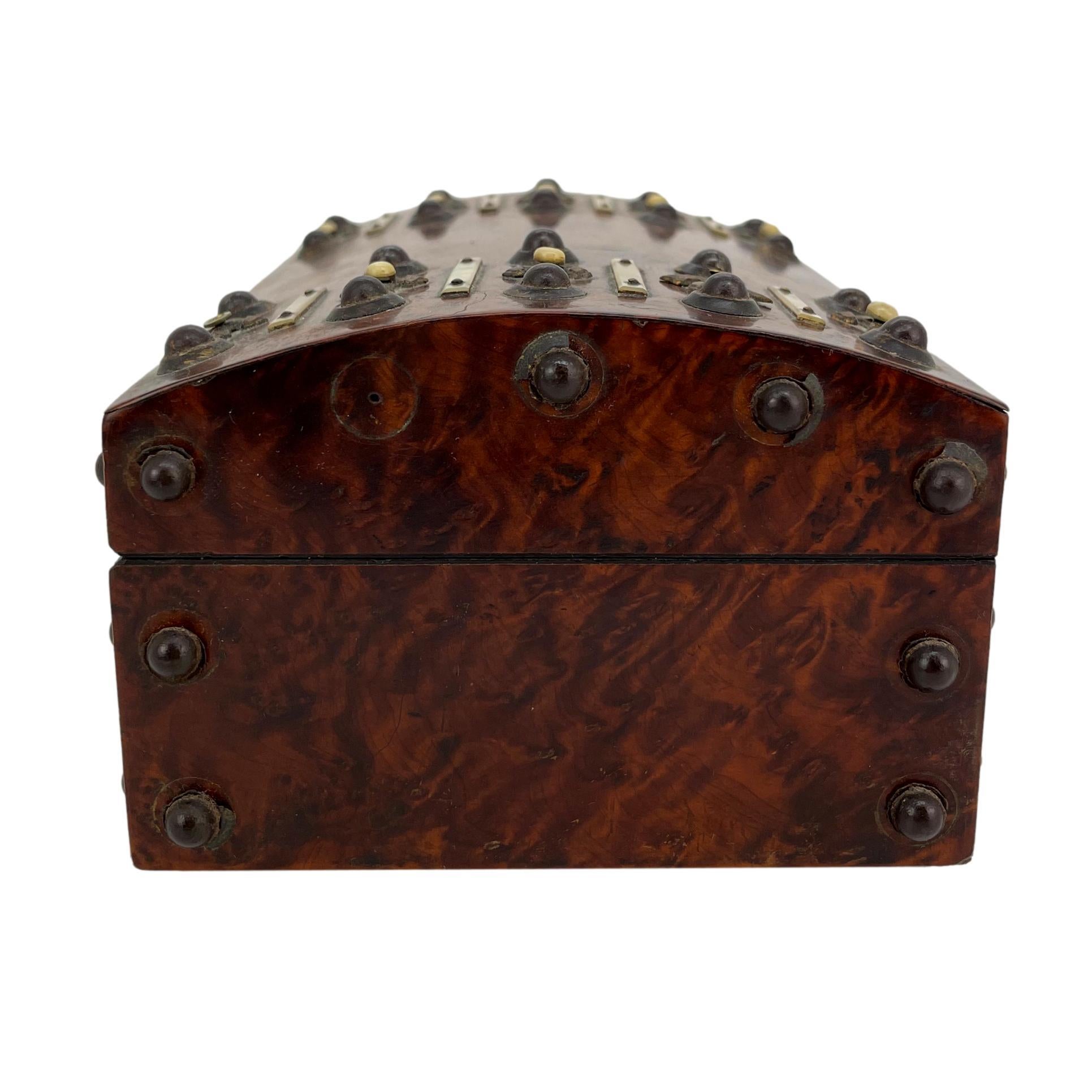 Burl Walnut and Brass Dome-Top Box with Mother-of-Pearl, English, ca. 1860 In Good Condition For Sale In Banner Elk, NC