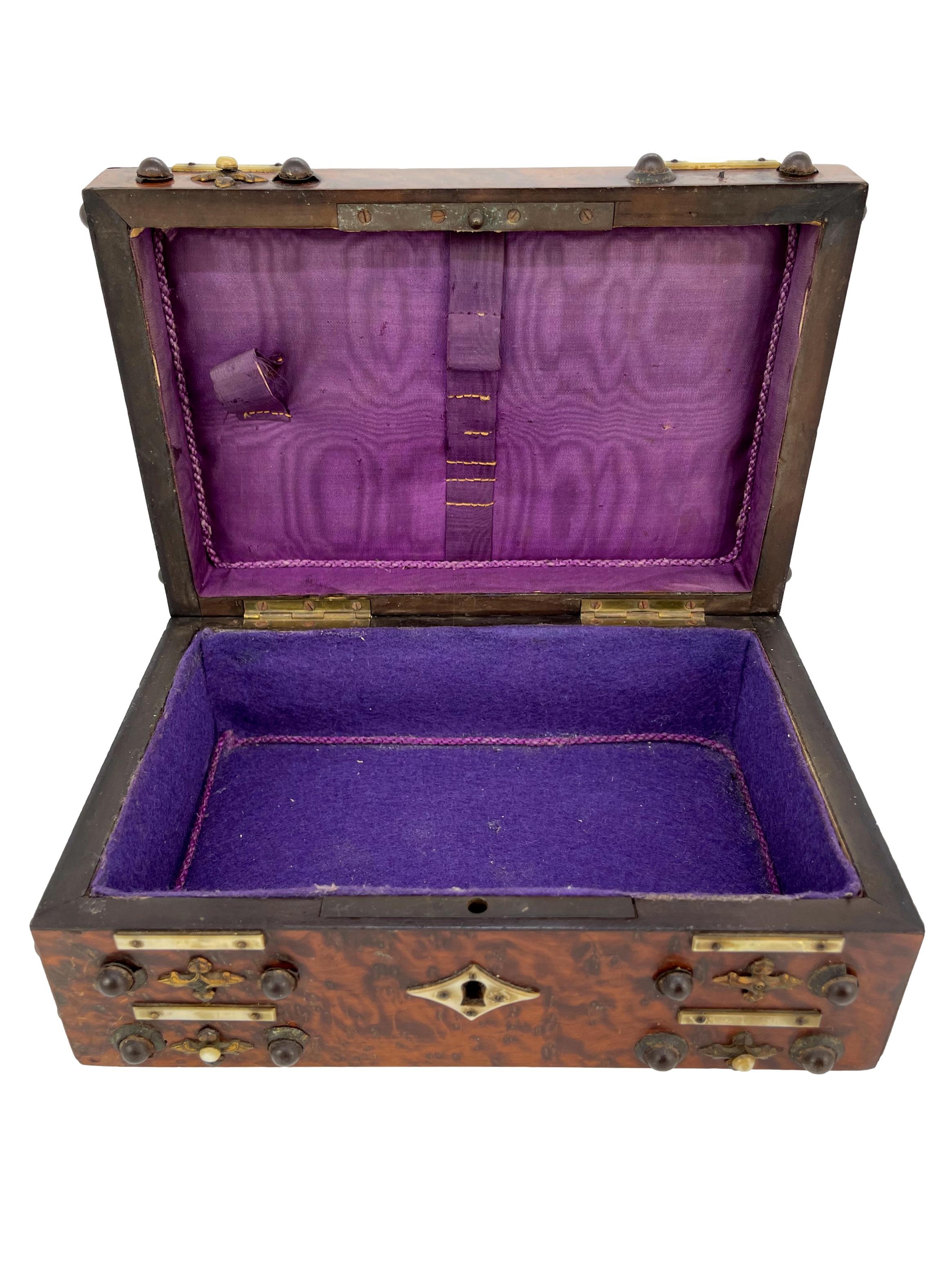 19th Century Burl Walnut and Brass Dome-Top Box with Mother-of-Pearl, English, ca. 1860 For Sale