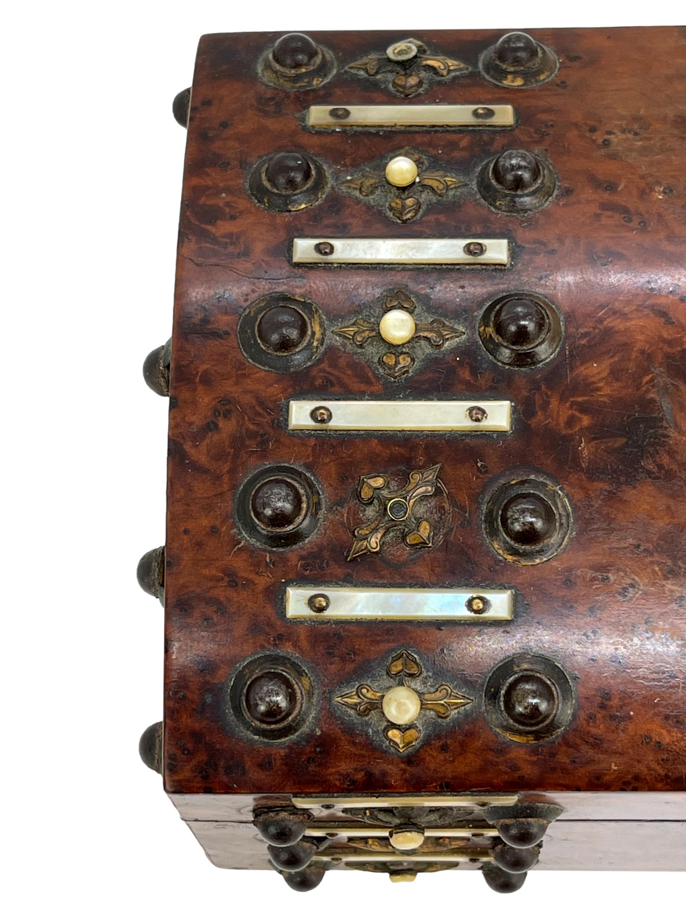 Burl Walnut and Brass Dome-Top Box with Mother-of-Pearl, English, ca. 1860 For Sale 1