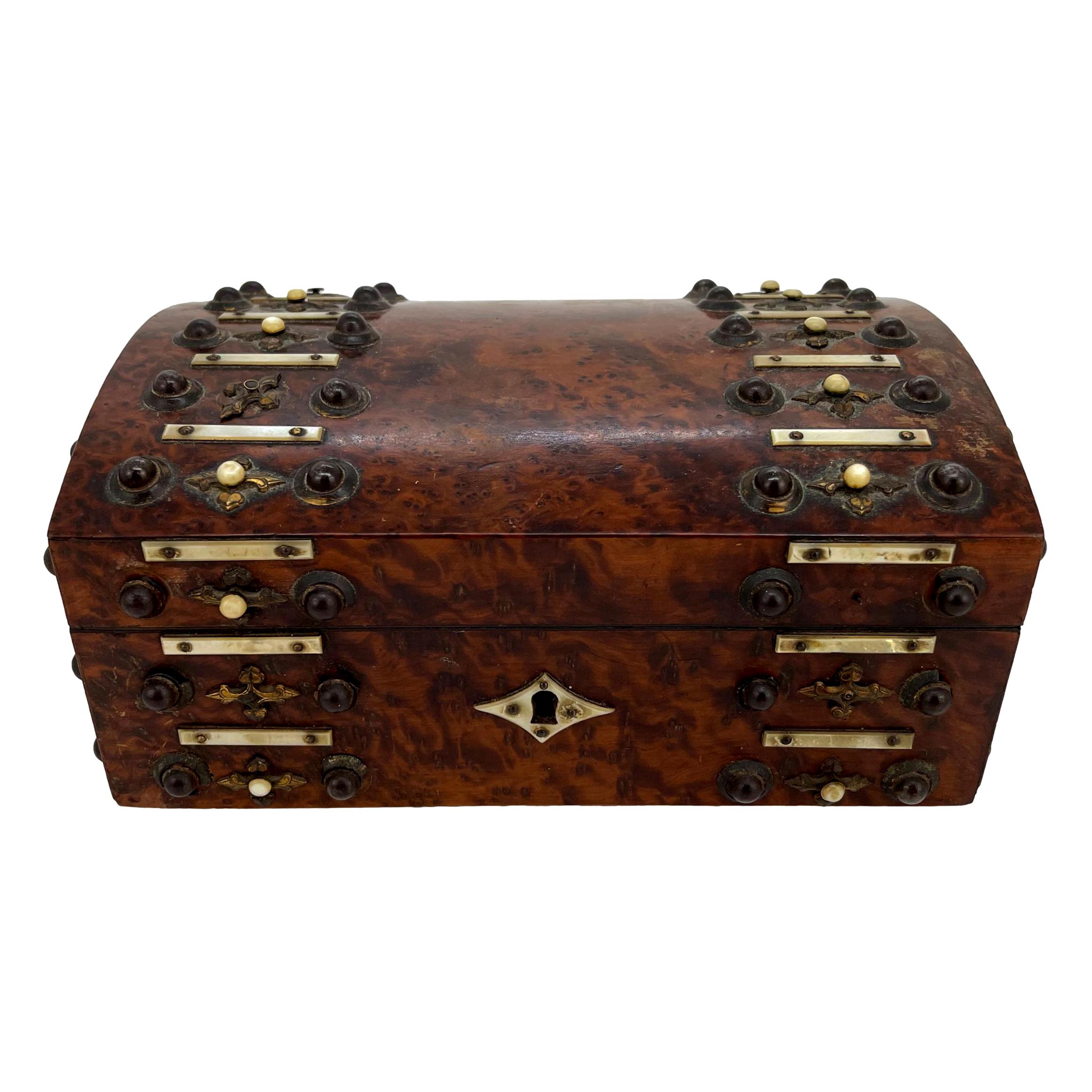 Burl Walnut and Brass Dome-Top Box with Mother-of-Pearl, English, ca. 1860 For Sale