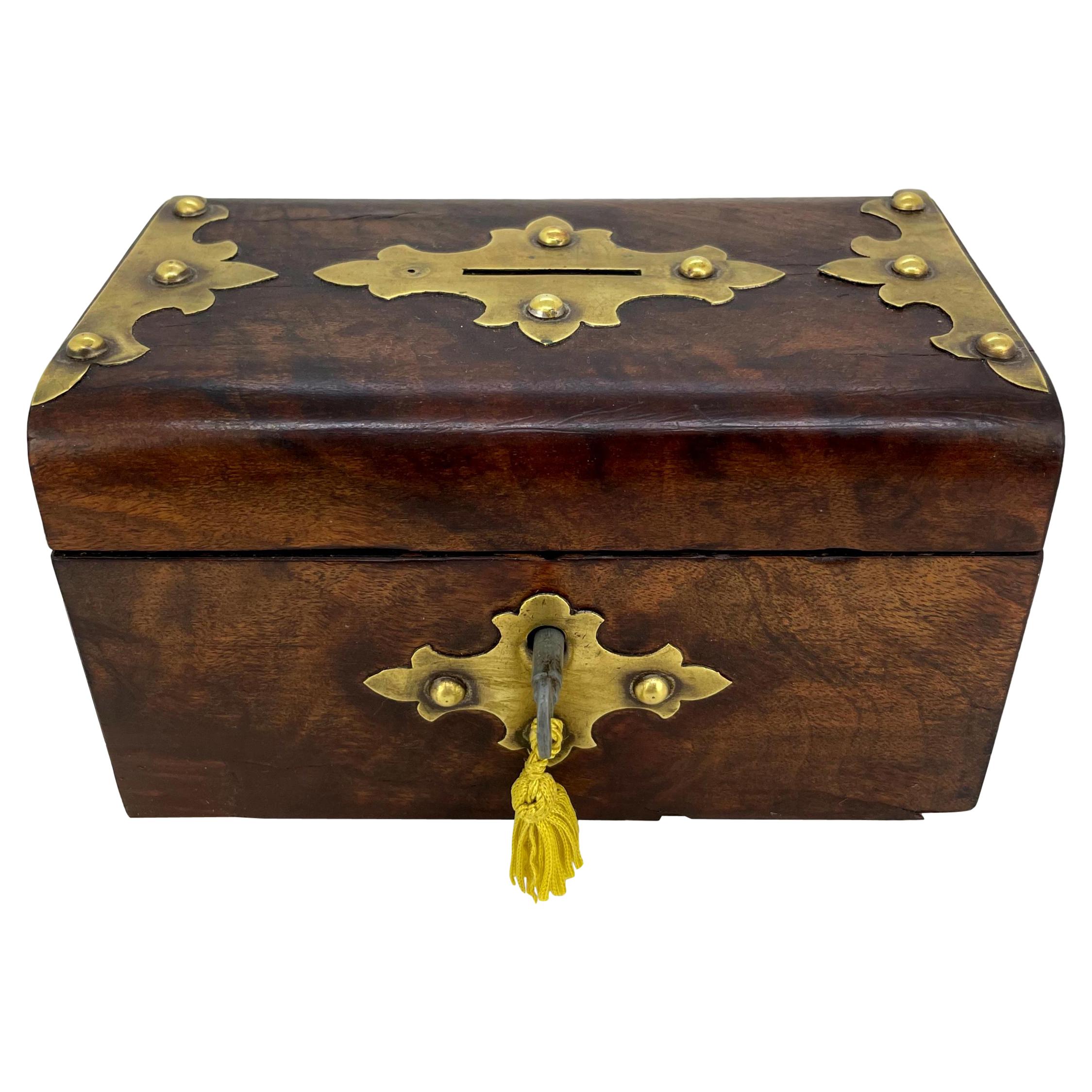 Burl Walnut and Brass Embellished Money Box, English, ca. 1860 For Sale