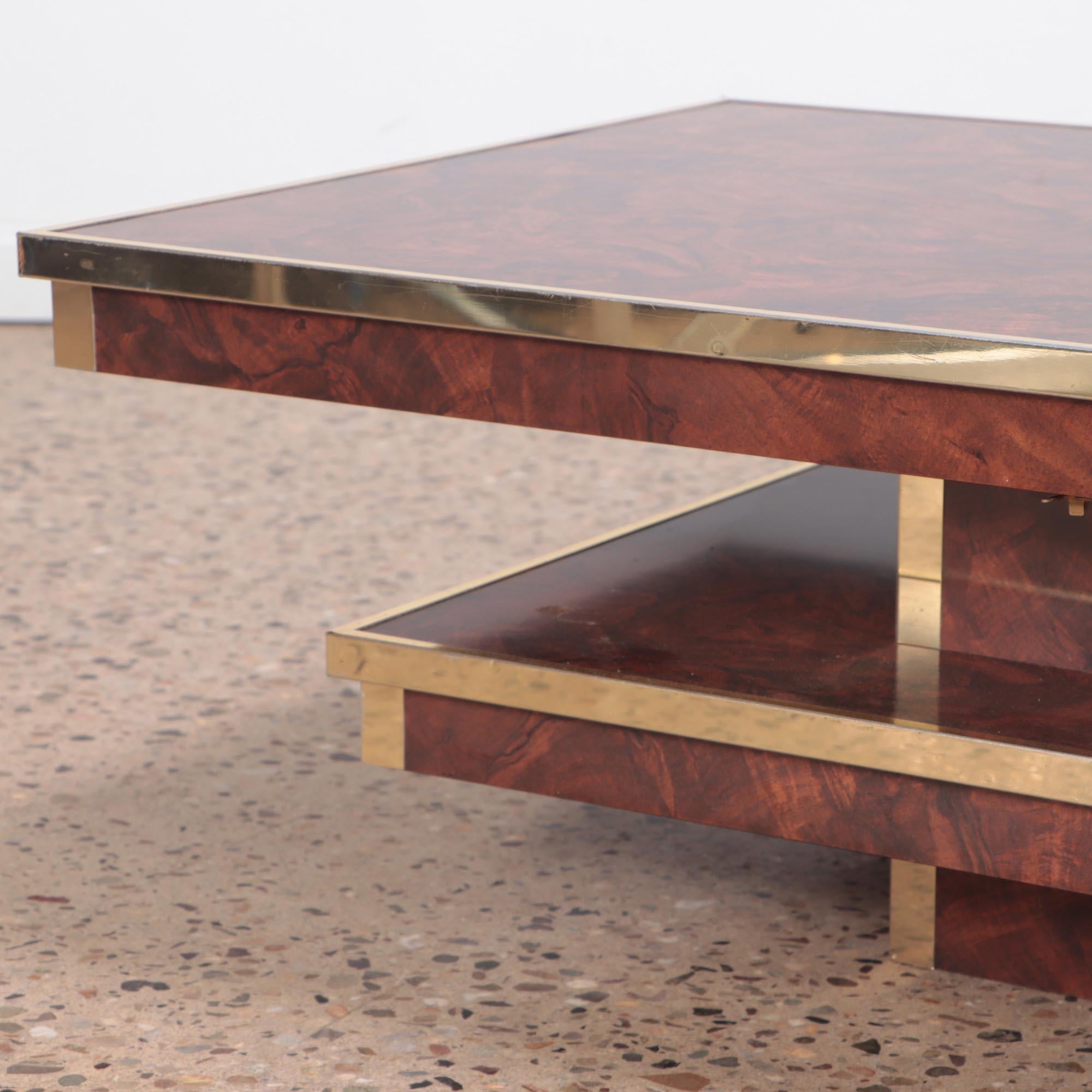 Late 20th Century Burl Walnut and Brass Two Tier French Coffee Table, C 1970