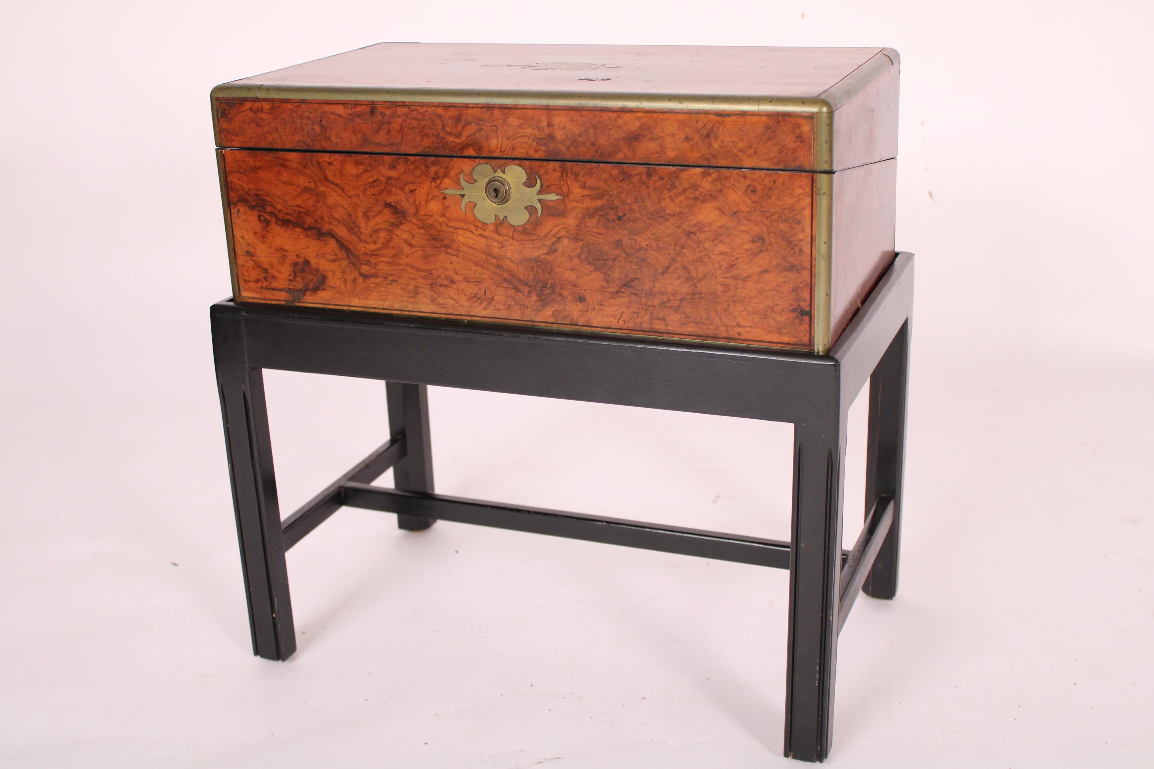 Campaign Burl Walnut and Walnut Writing Slope on Stand For Sale