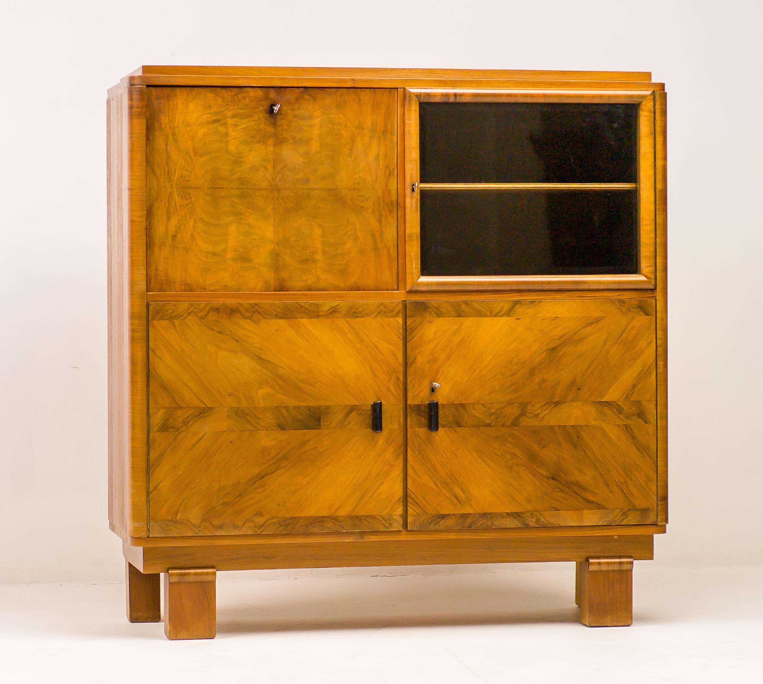 Cut Glass Burl Walnut Art Deco Cabinet For Sale
