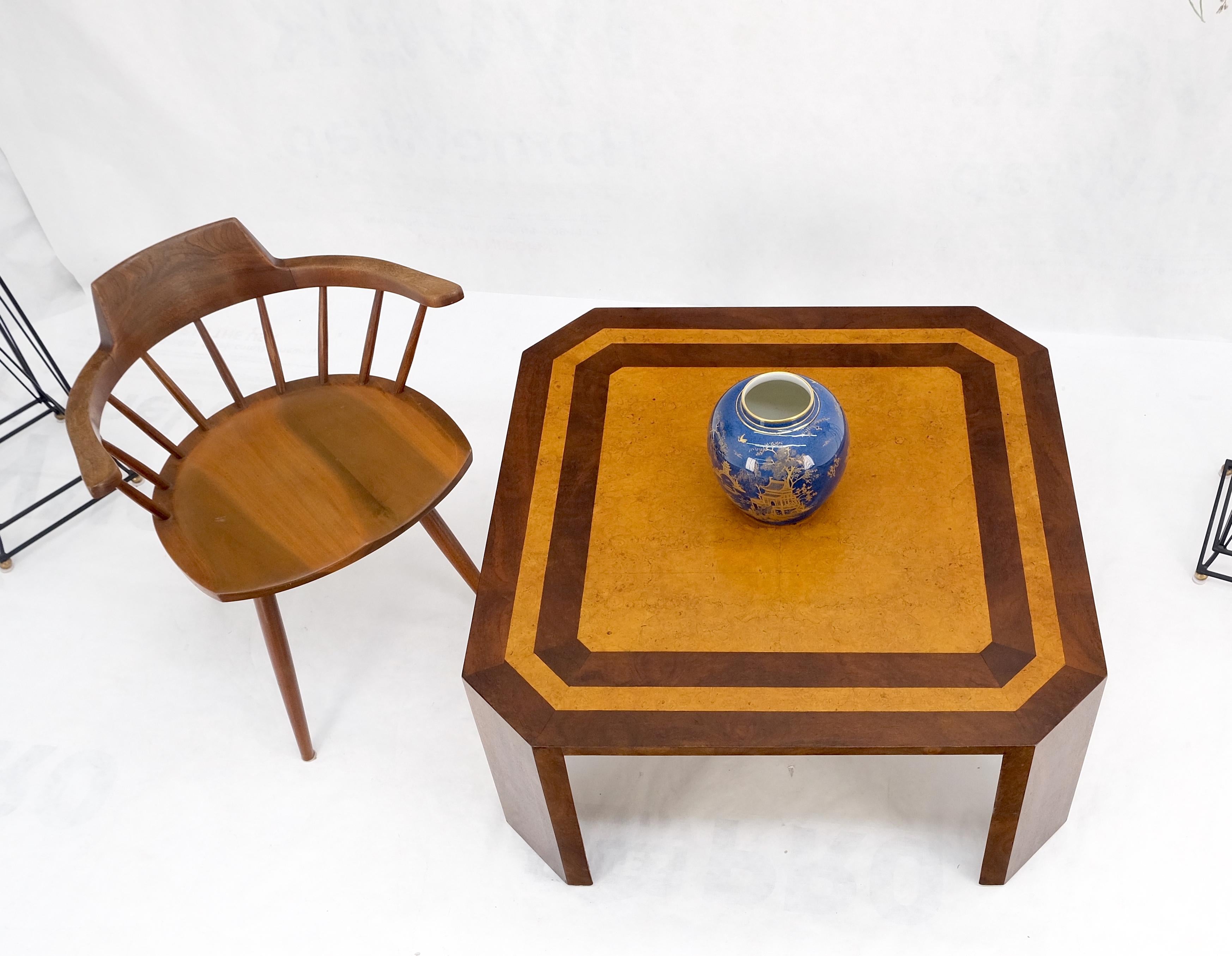 20th Century Burl Walnut Birdseye Maple Two Tone Square Cut Corner Coffee Center Table MINT! For Sale