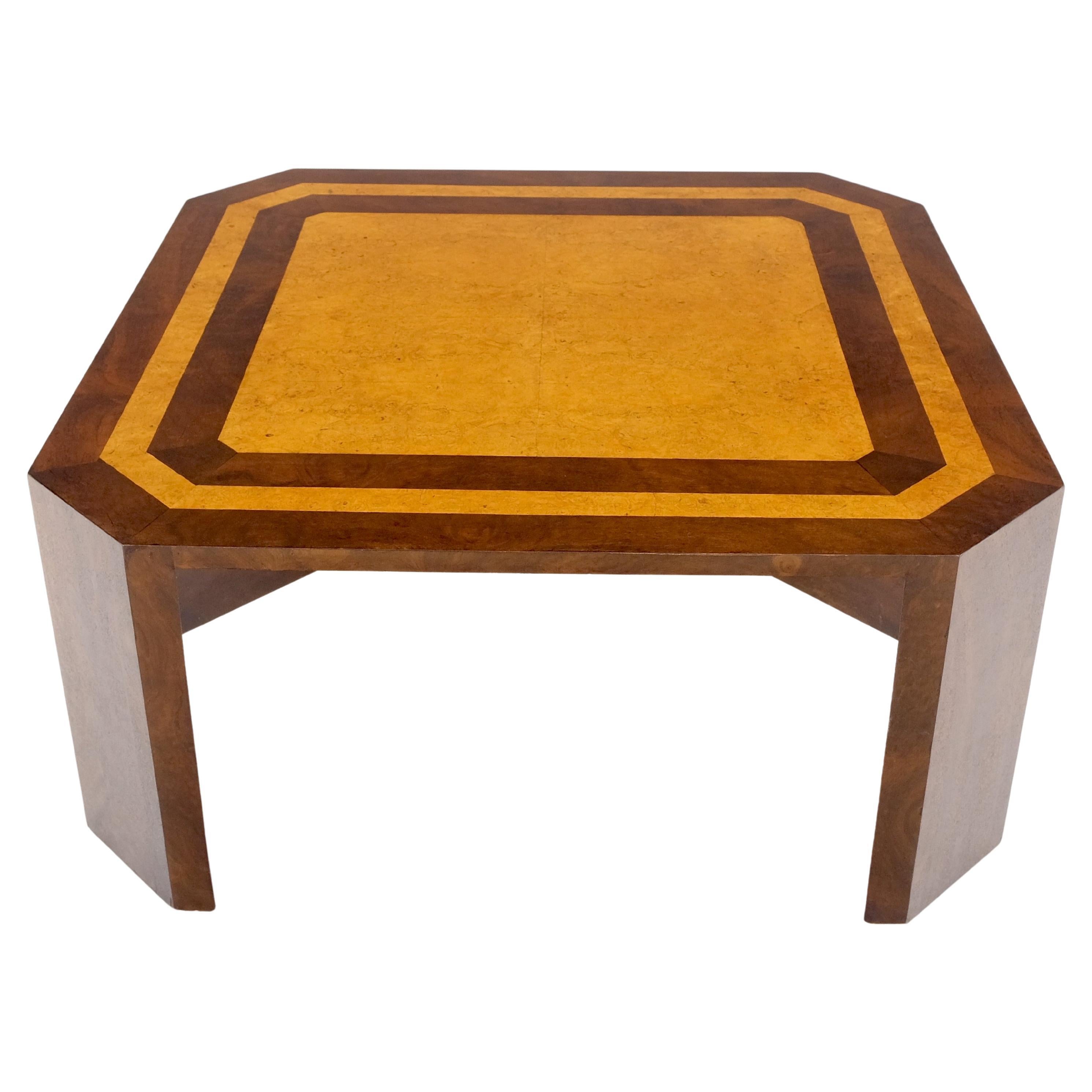 Burl Walnut Birdseye Maple Two Tone Square Cut Corner Coffee Center Table MINT! For Sale