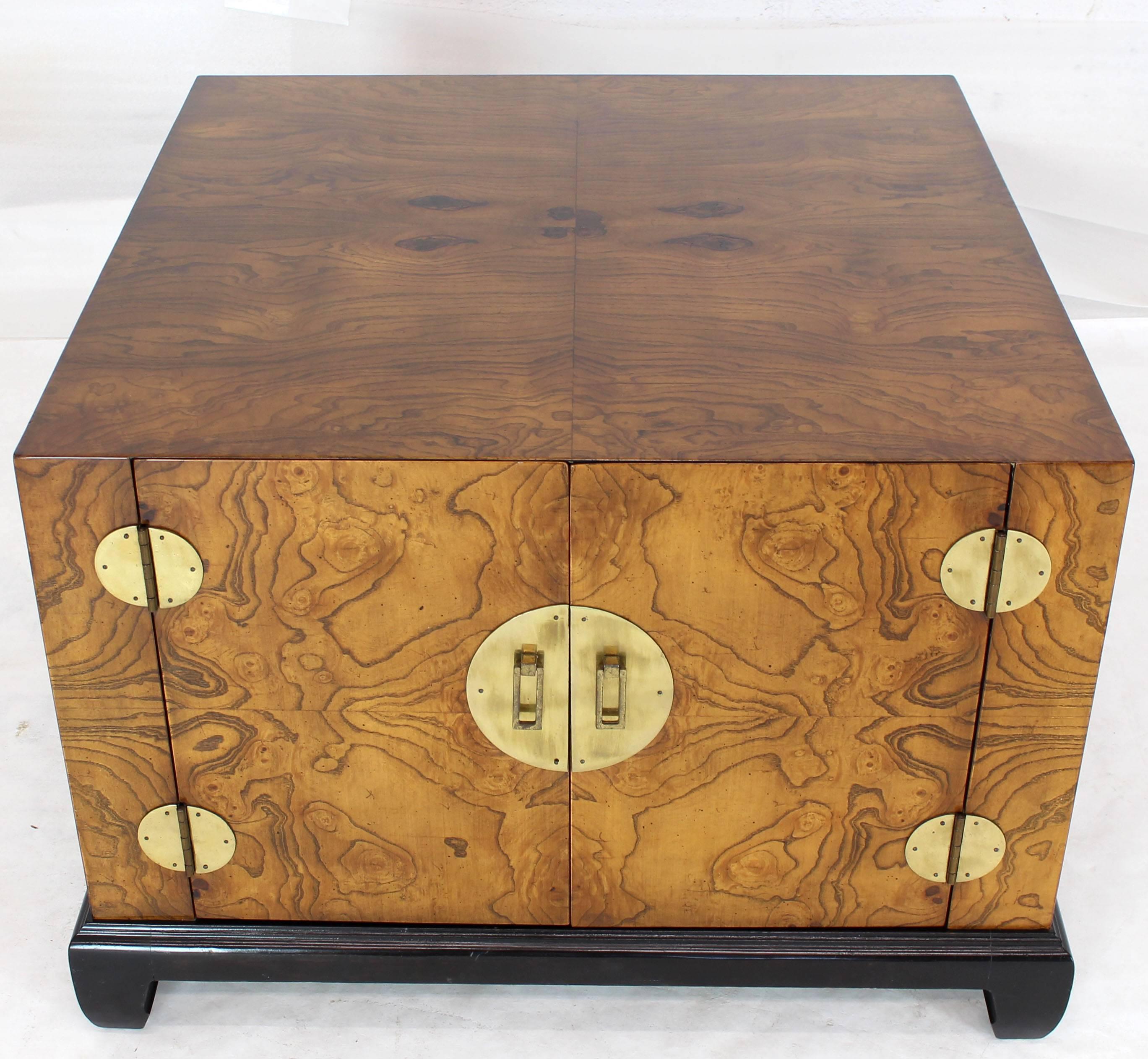 Blackened Burl Walnut Black Lacquer Base Brass Hardware Cube Shape End Table Stand Cabinet
