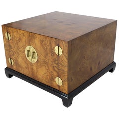 Burl Walnut Black Lacquer Base Brass Hardware Cube Shape End Table Stand Cabinet