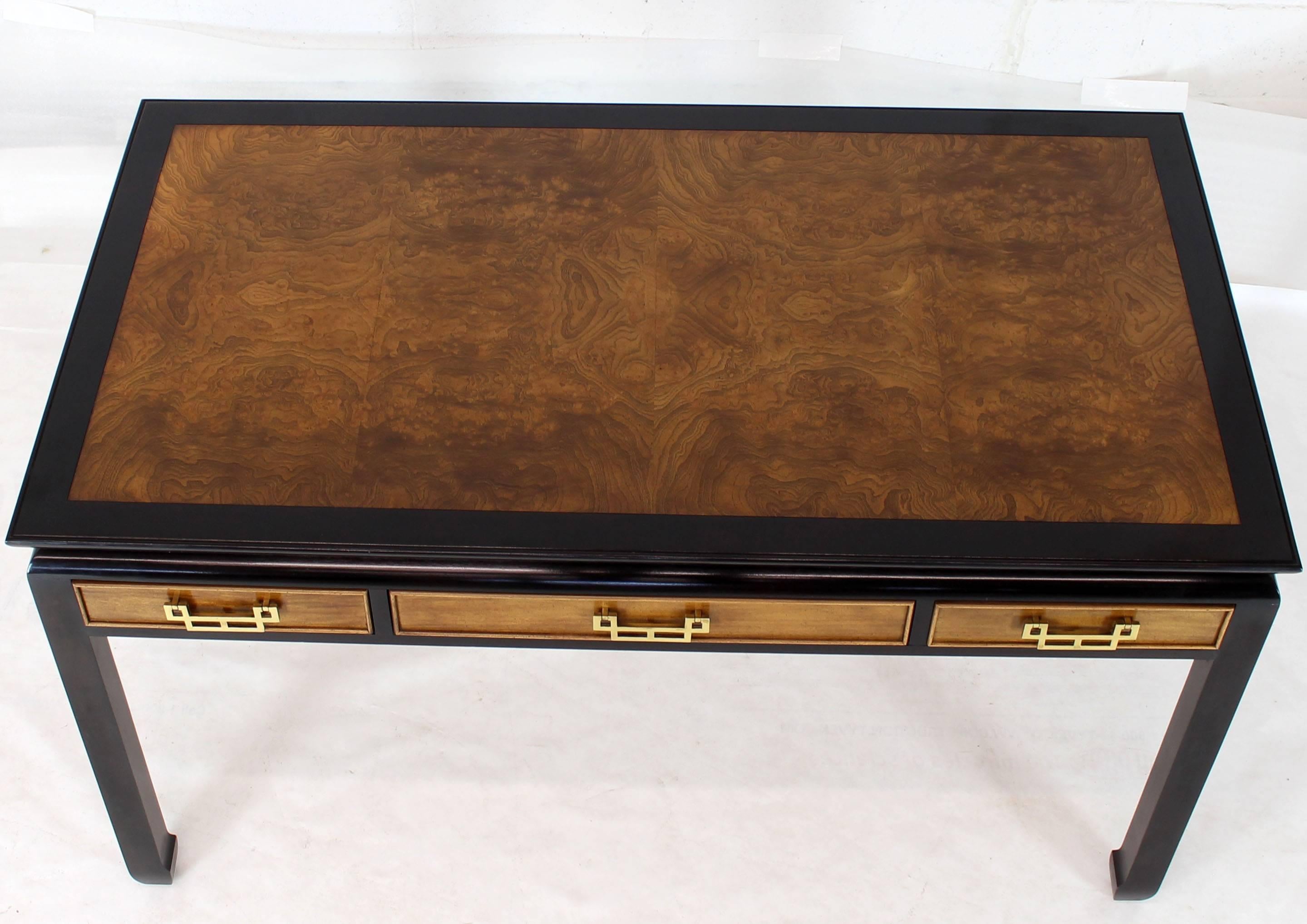Low profile black lacquer legs burl wood top and drawers brass pulls desk or writing table.