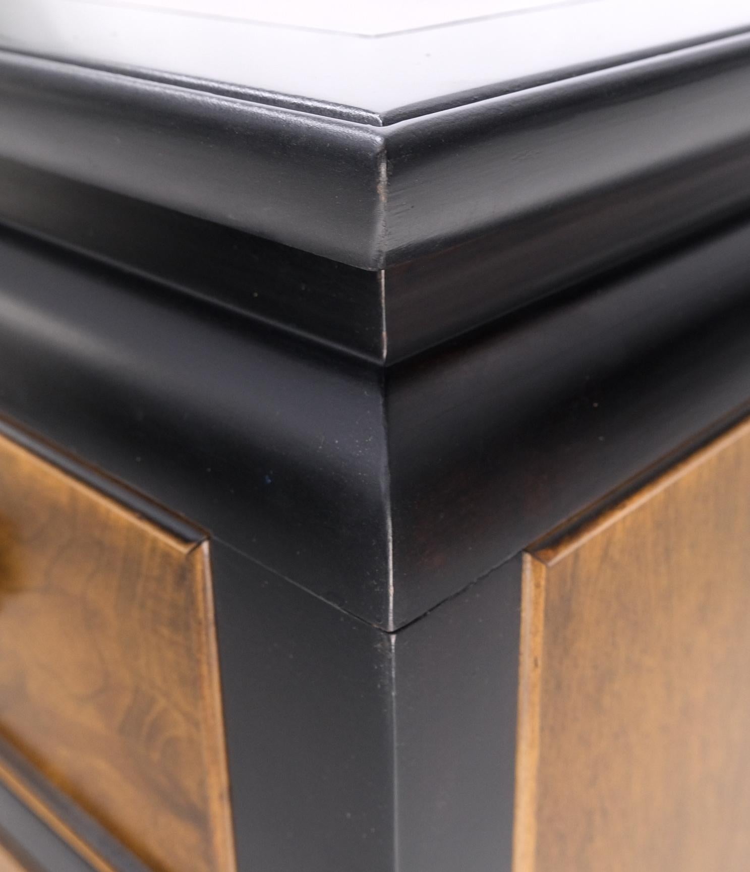 Burl Walnut Black Lacquer Solid Brass Drop Pulls Long Credenza Dresser  3