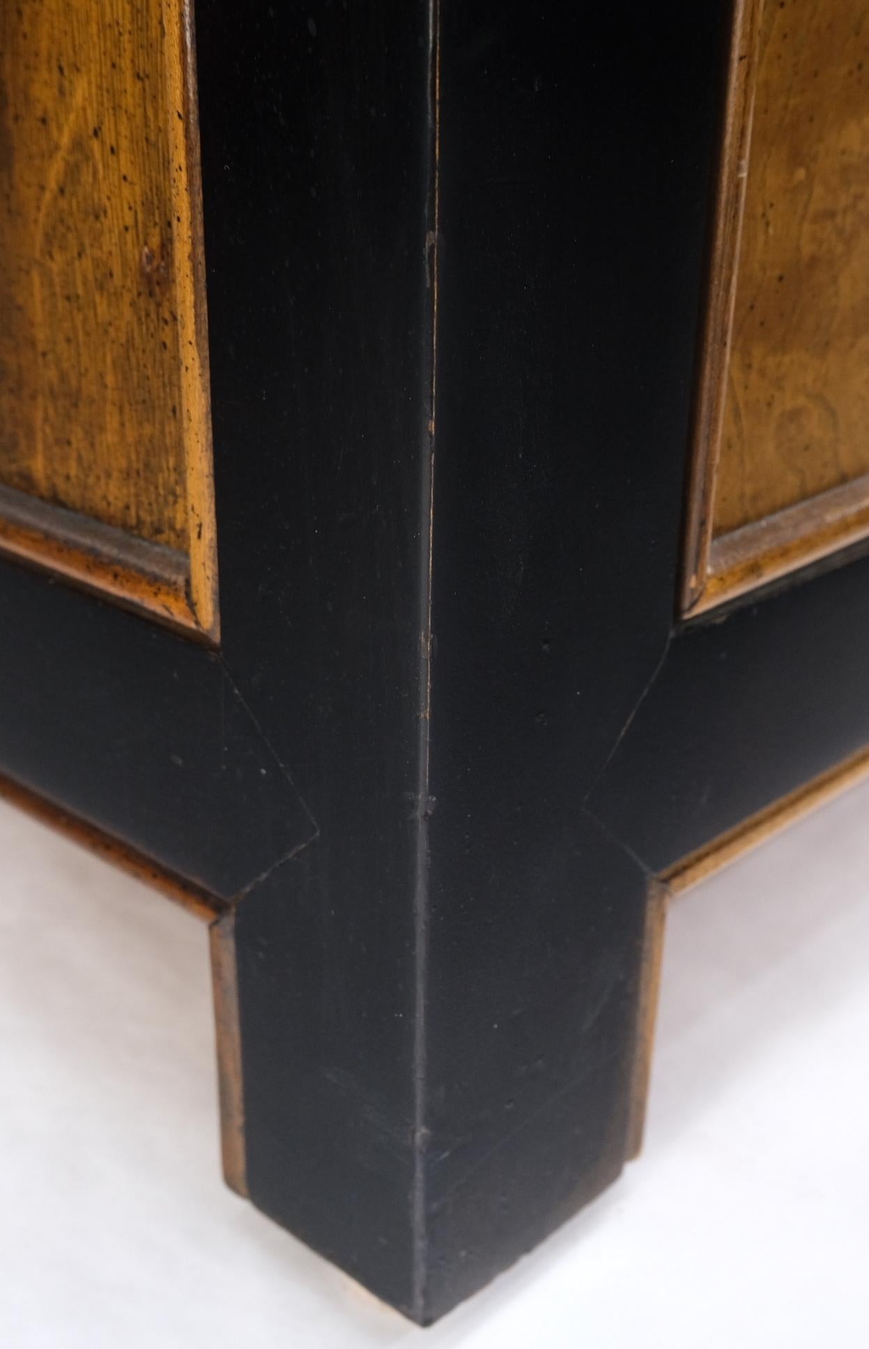 Burl Walnut Black Lacquer Solid Brass Drop Pulls Long Credenza Dresser  5