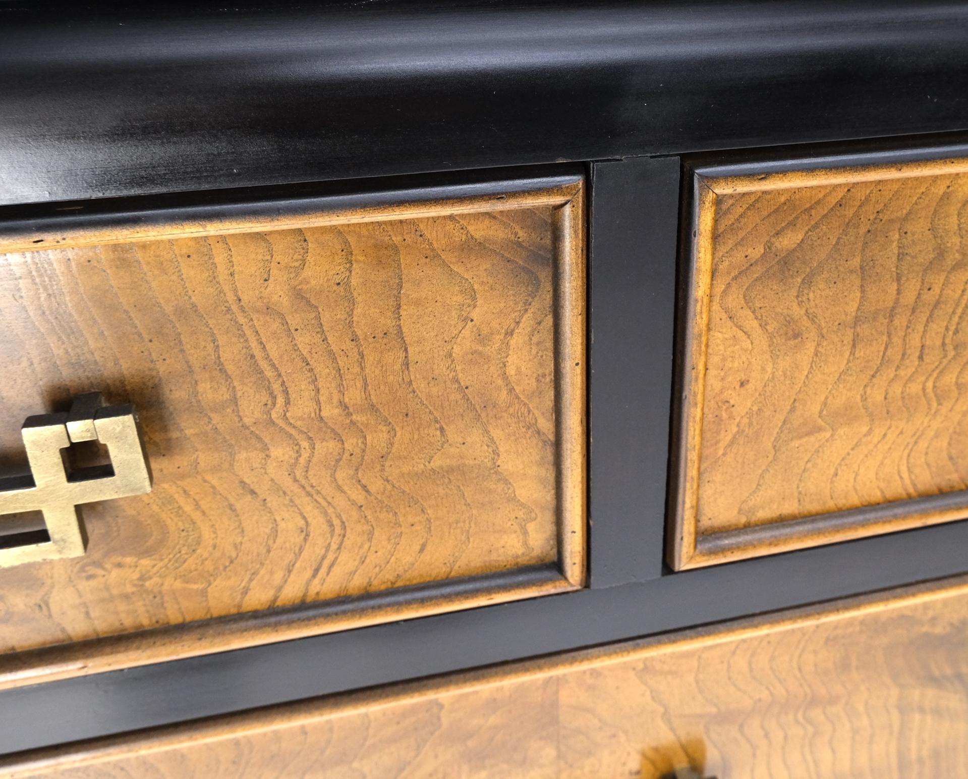 Burl Walnut Black Lacquer Solid Brass Drop Pulls Long Credenza Dresser  In Good Condition In Rockaway, NJ