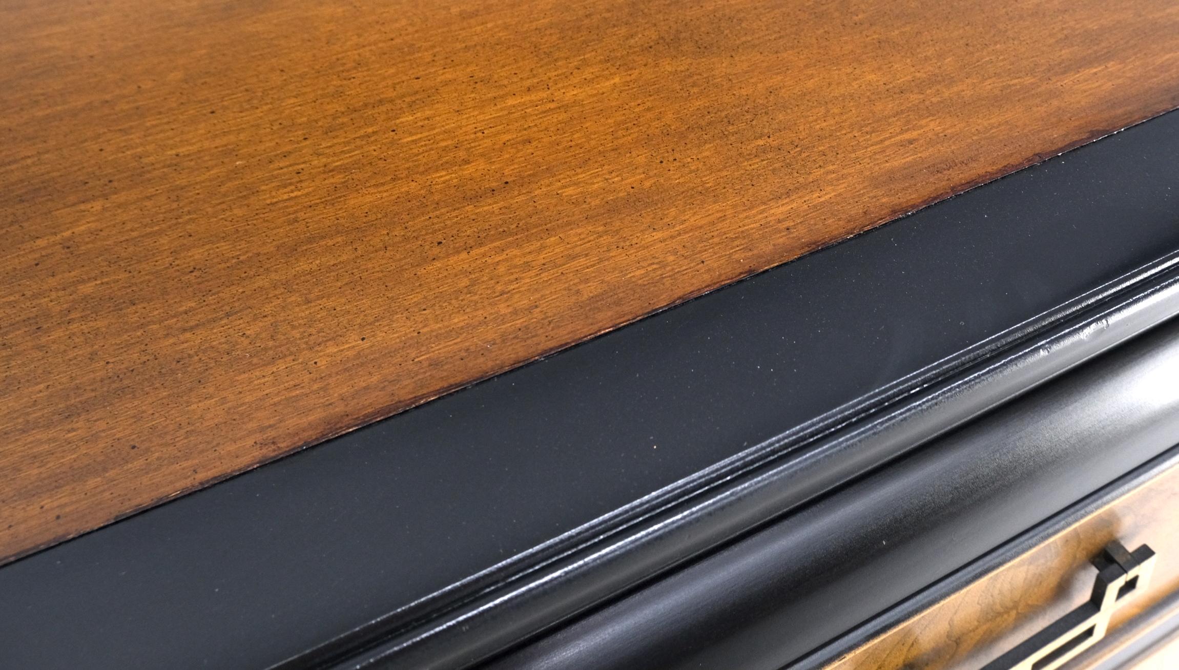 20th Century Burl Walnut Black Lacquer Solid Brass Drop Pulls Long Credenza Dresser 