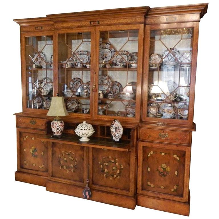 Burl Walnut Breakfront Secretary in Three Sections, 20th Century For Sale