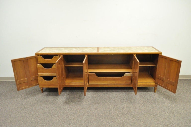 Burl Walnut and Cherry Herringbone Inlay Stone Top Sideboard Credenza