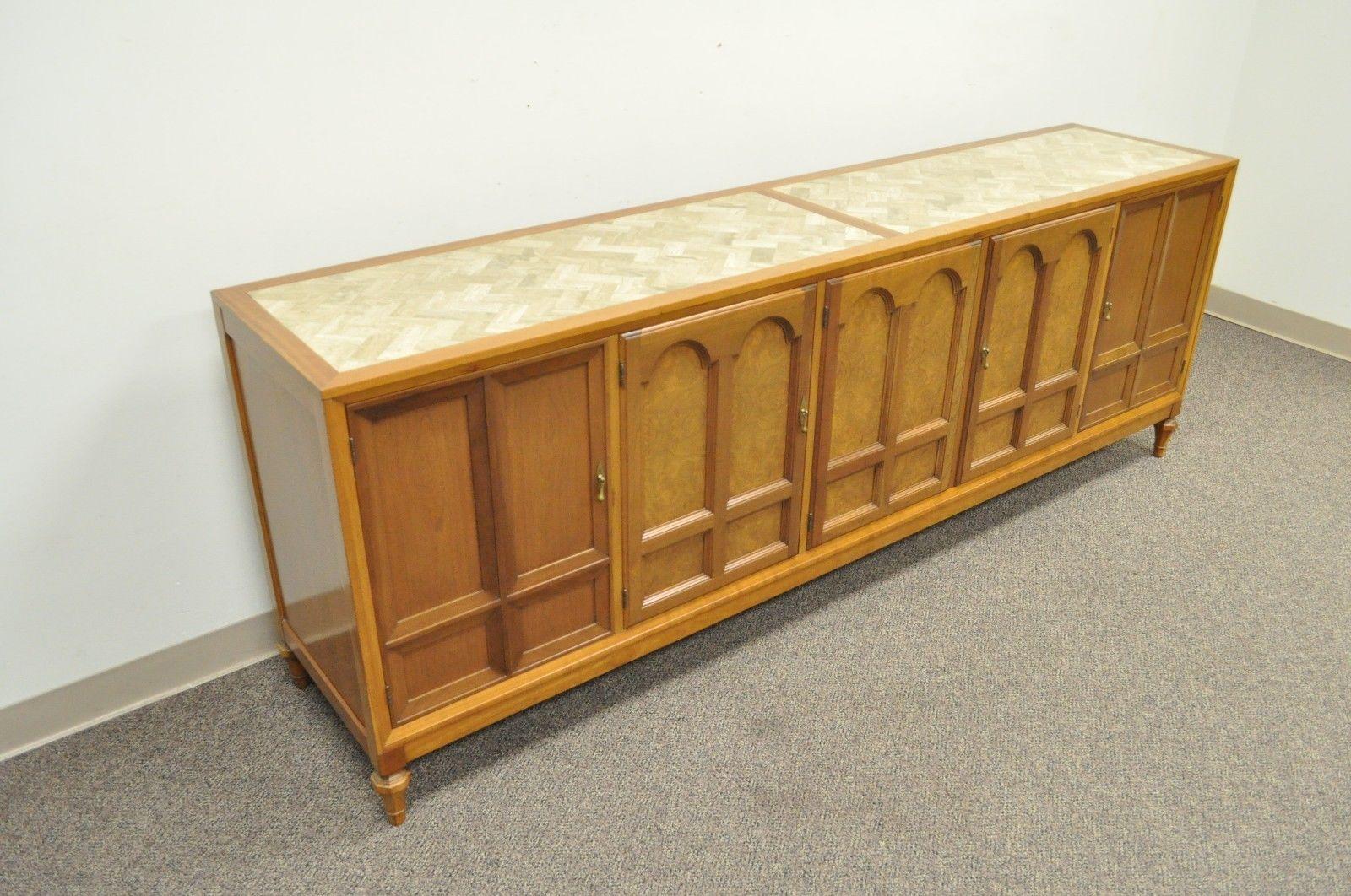 Mid-Century Modern Burl Walnut & Cherry Herringbone Inlay Stone Top Sideboard Credenza Mastercraft