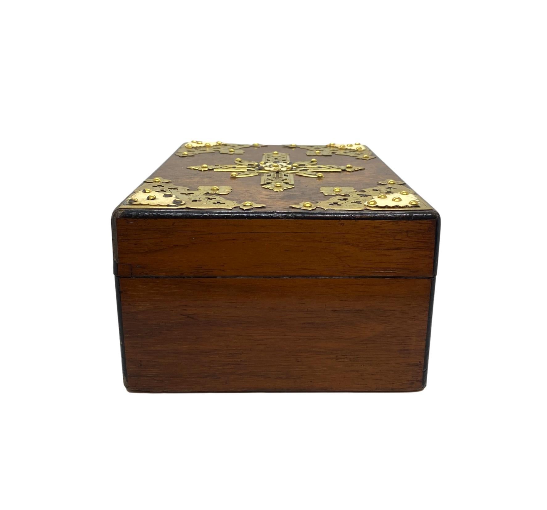 Zigarrenkisten Humidor aus Wurzelnussholz mit Messingtablett, englisch, um 1880 (Englisch) im Angebot