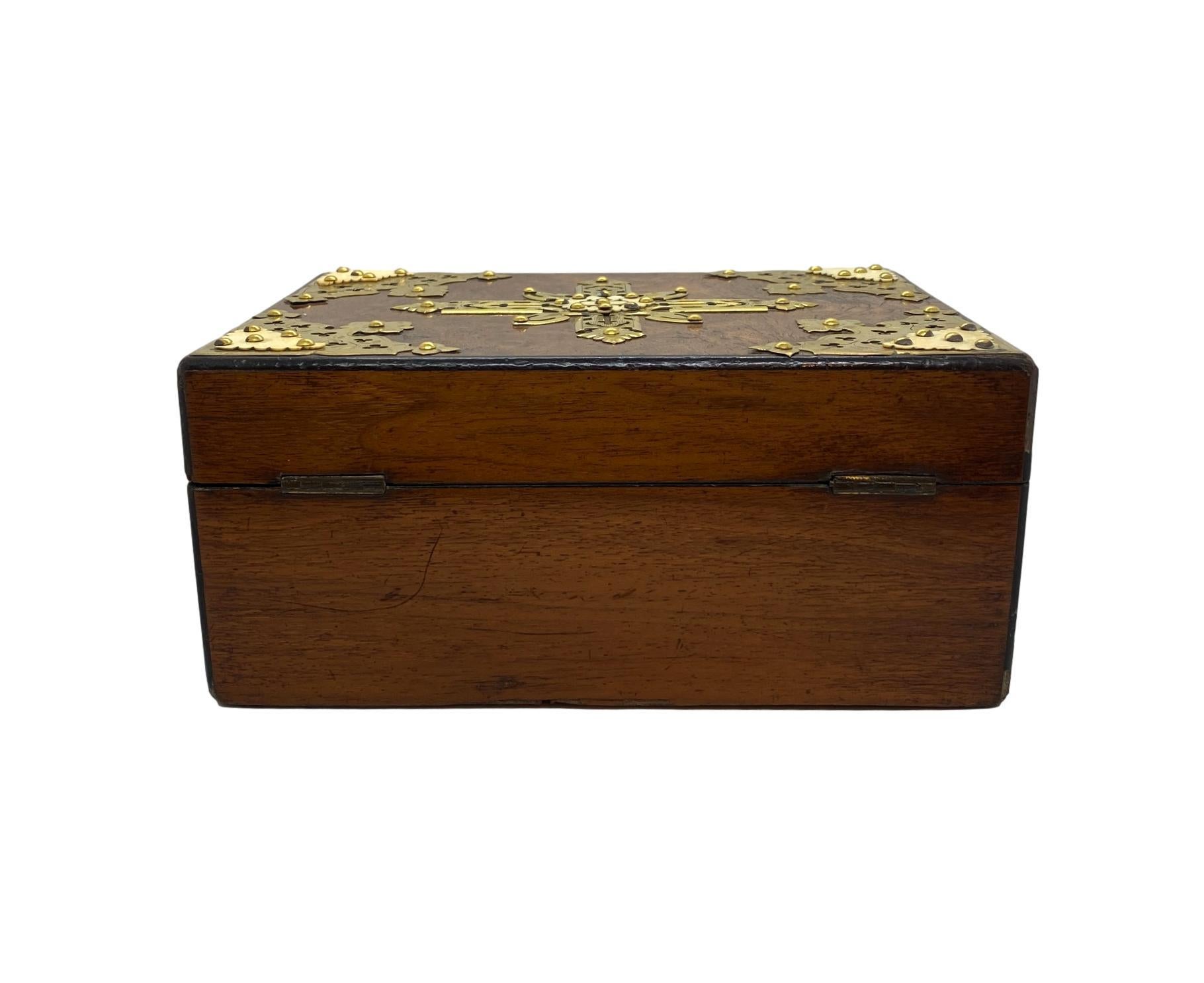 Victorian Burl Walnut Cigar Box Humidor with Brass Tracery, English, circa 1880 For Sale