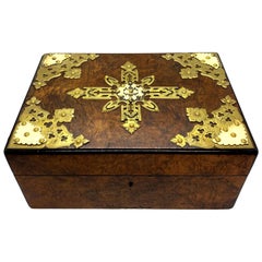 Antique Burl Walnut Cigar Box Humidor with Brass Tracery, English, circa 1880