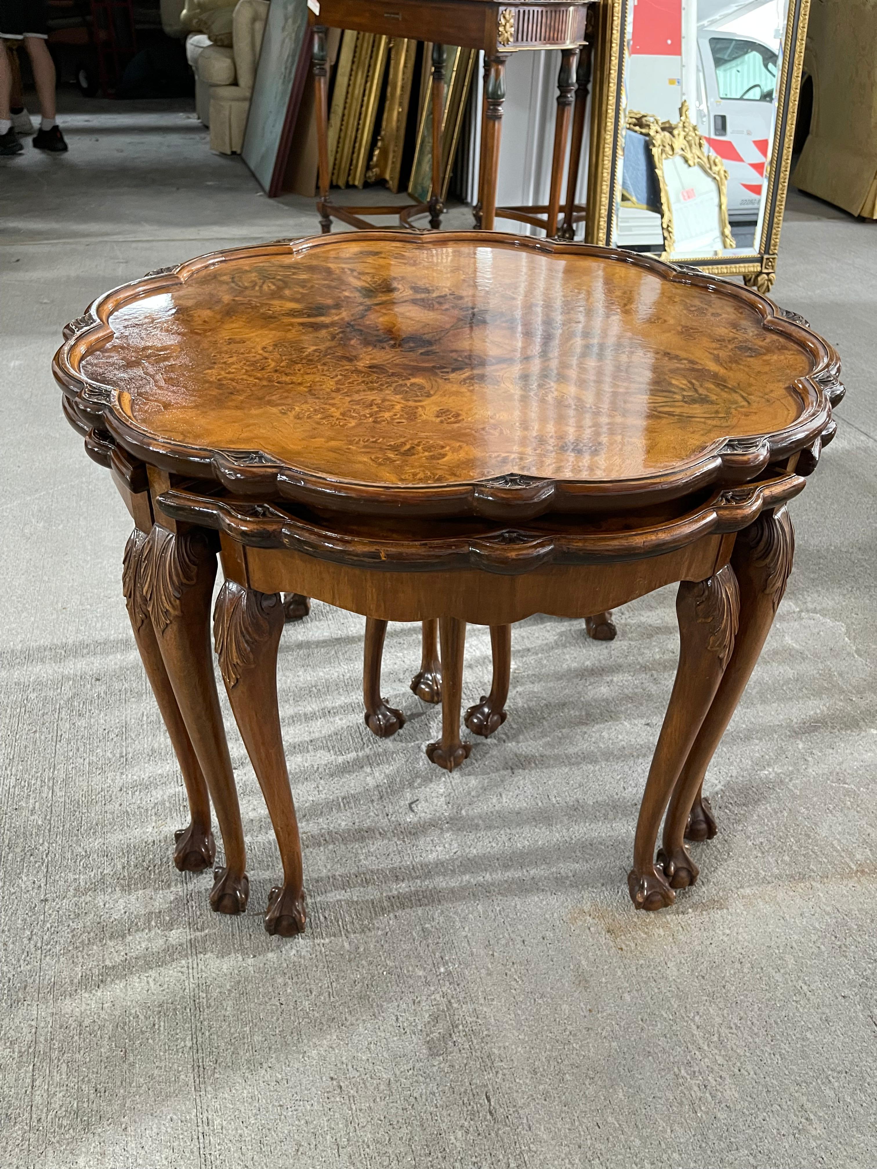 Burl walnut coffee table with four smaller pull-out tables, 20th century.