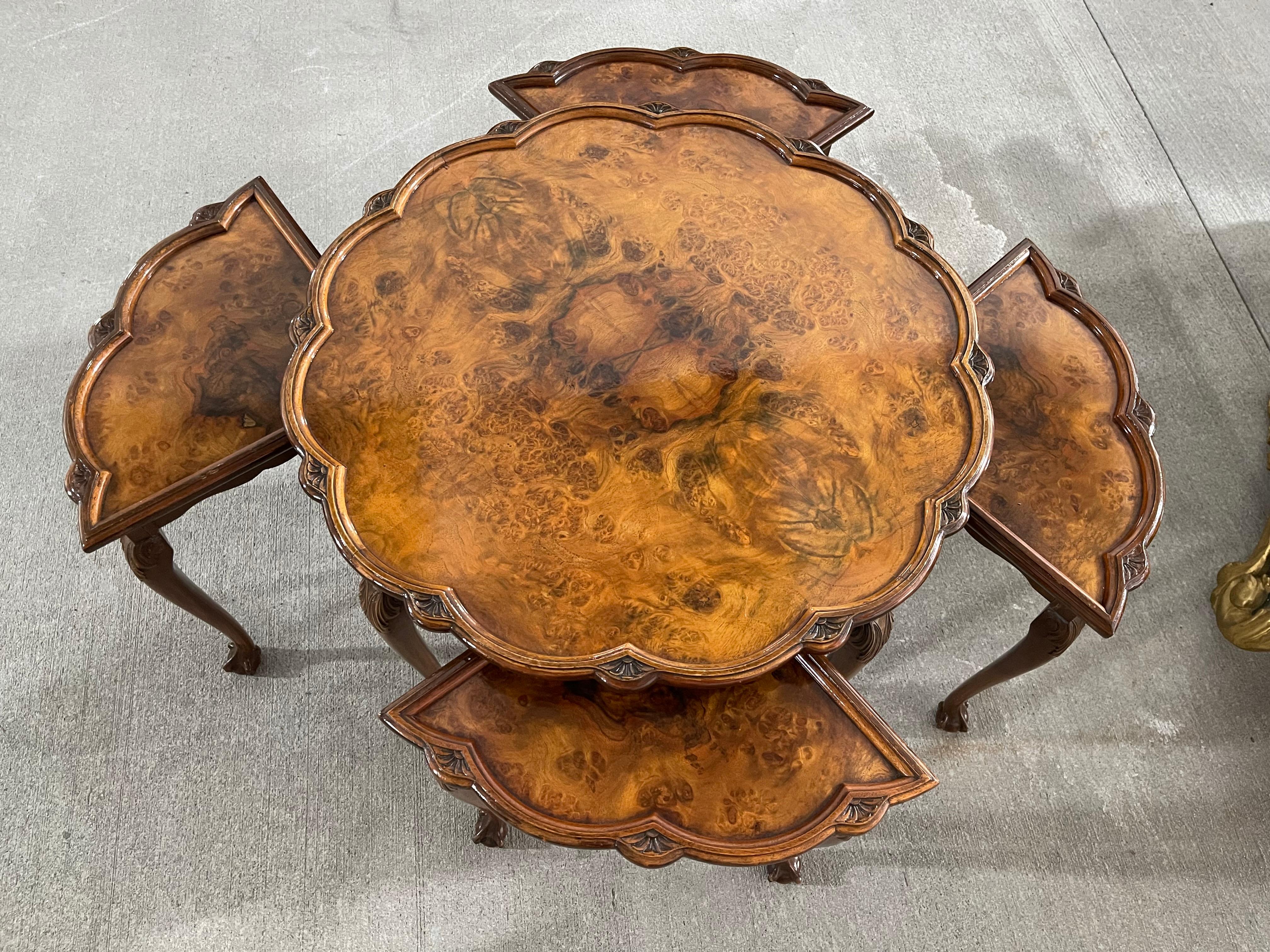 Burl Walnut Coffee Table with Four Smaller Pull-Out Tables, 20th Century In Good Condition In Savannah, GA