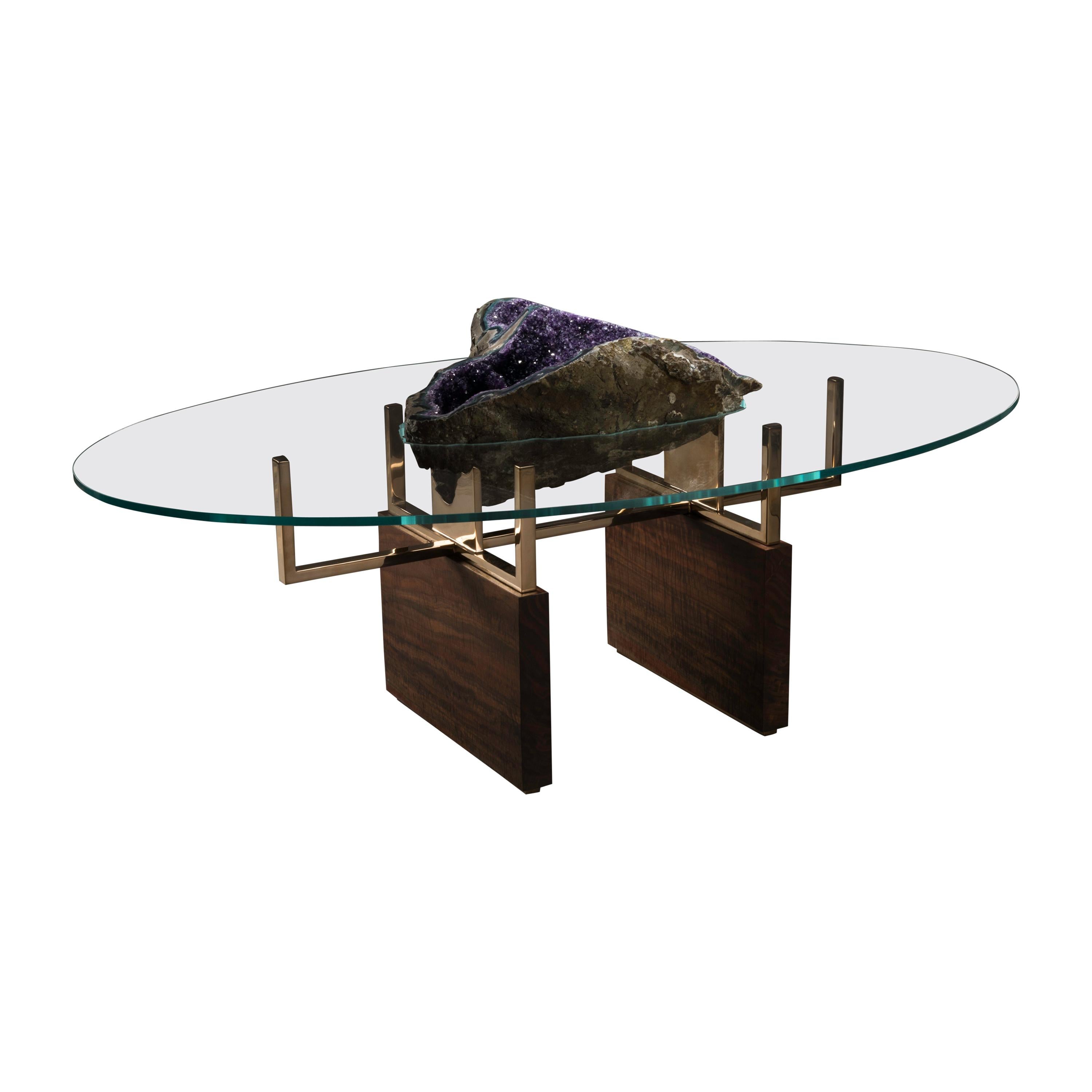 Burl Walnut Coffee Table with Inset Amethyst and Glass Top and Bronze Supports