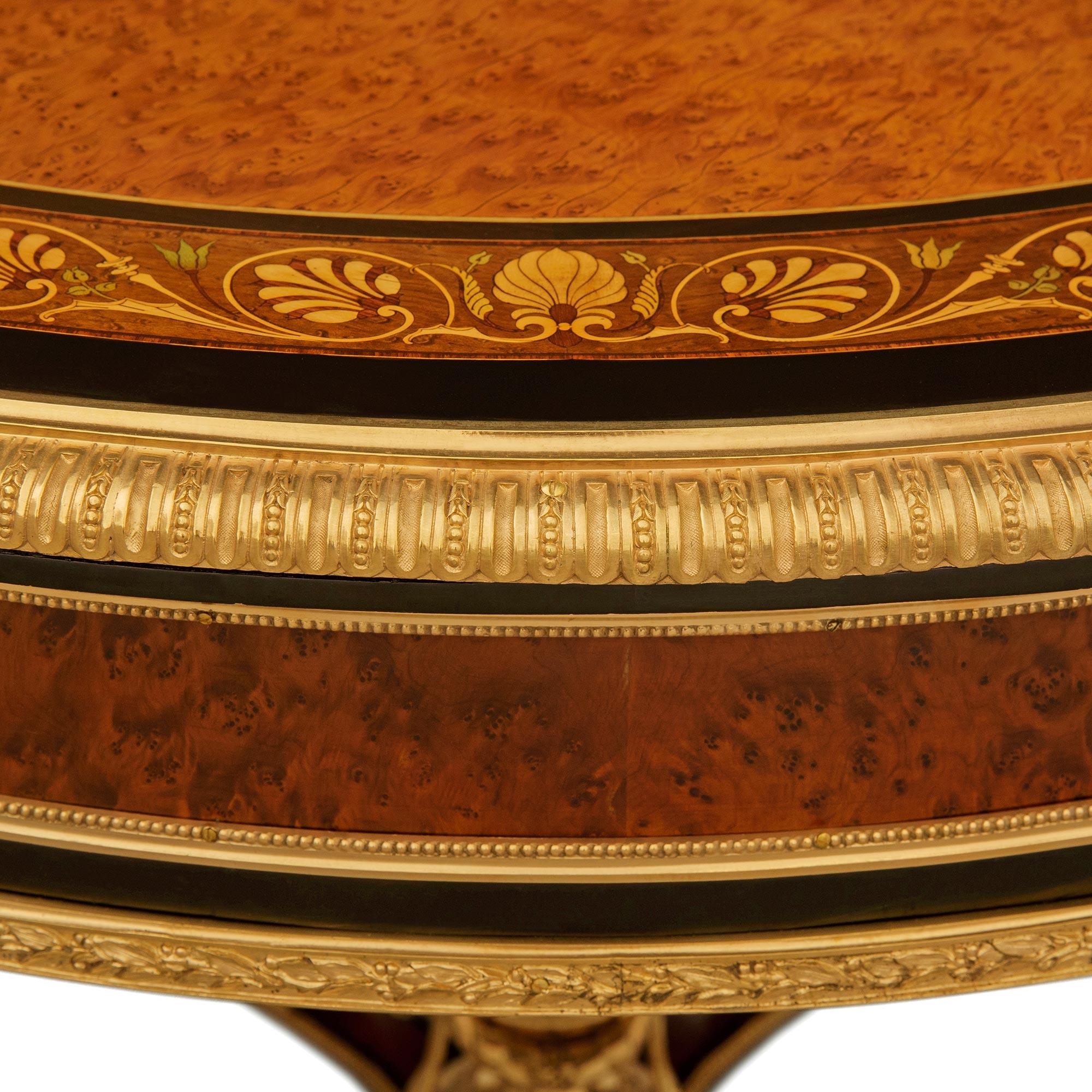 Louis XVI Burl Walnut, ebonized Fruitwood, Maple and Ormolu center table For Sale