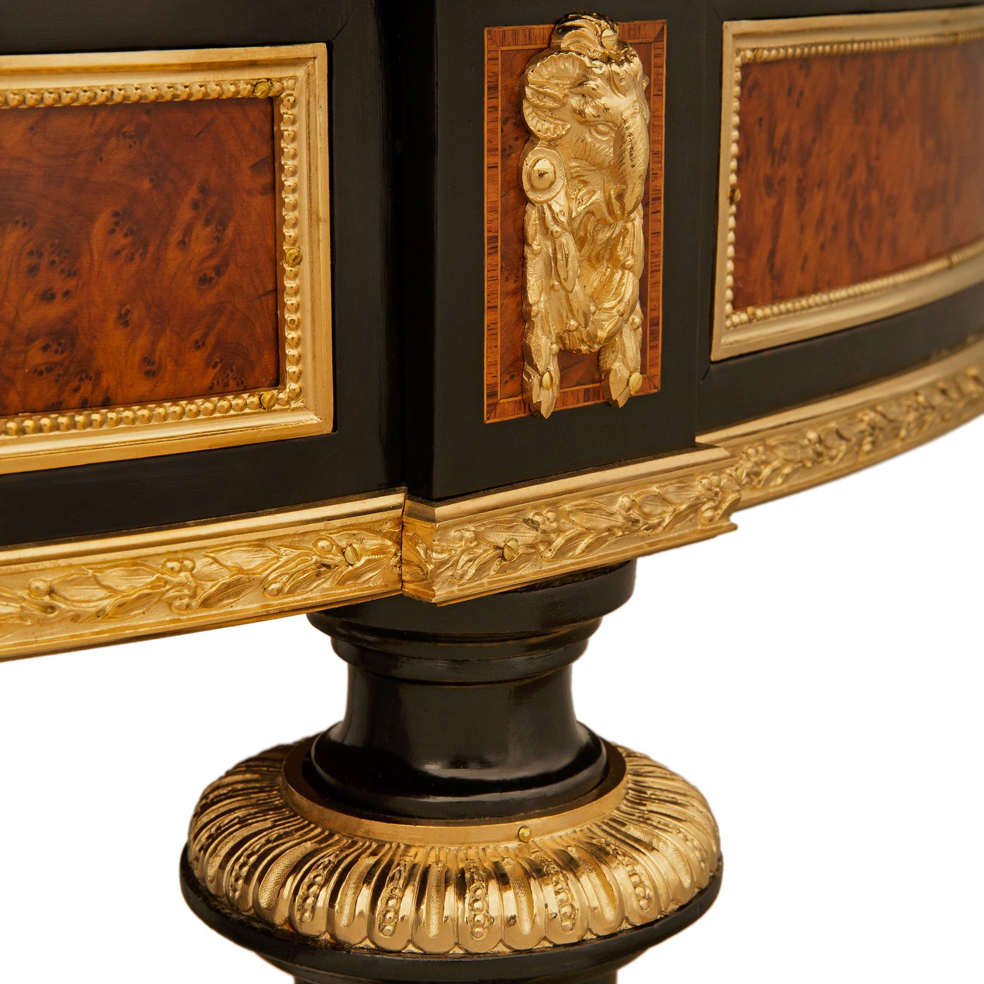 French Burl Walnut, ebonized Fruitwood, Maple and Ormolu center table For Sale