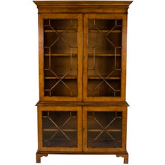 Burl Walnut Glass Door Breakfront Bookcase Bookshelf Display Cabinet