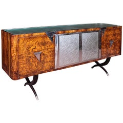 Burl Walnut Italian Cabinet with Four-Door Frieze and Unusual Sabre Leg Base