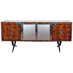 Burl Walnut Italian Cabinet with Four-Door Frieze and Unusual Sabre Leg Base