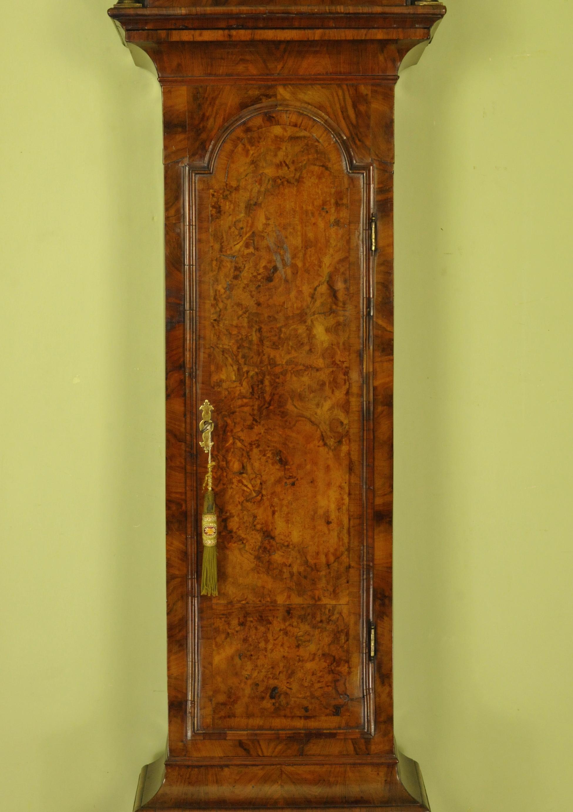 British Burl Walnut Longcase Tall Case Clock, John Coates, London For Sale