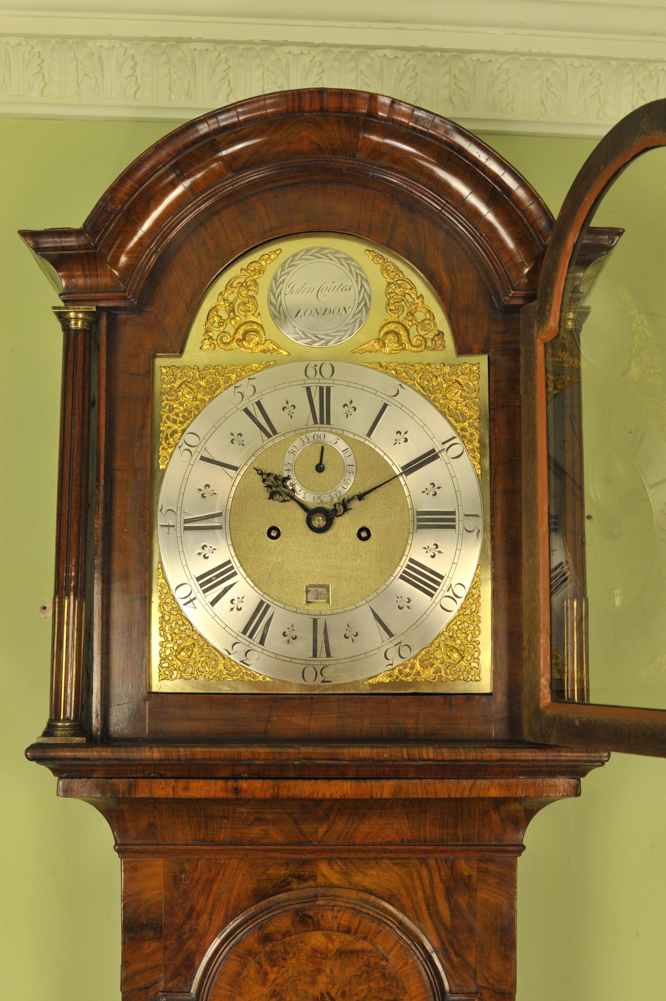 Burl Walnut Longcase Tall Case Clock, John Coates, London In Good Condition For Sale In Chesterfield, GB