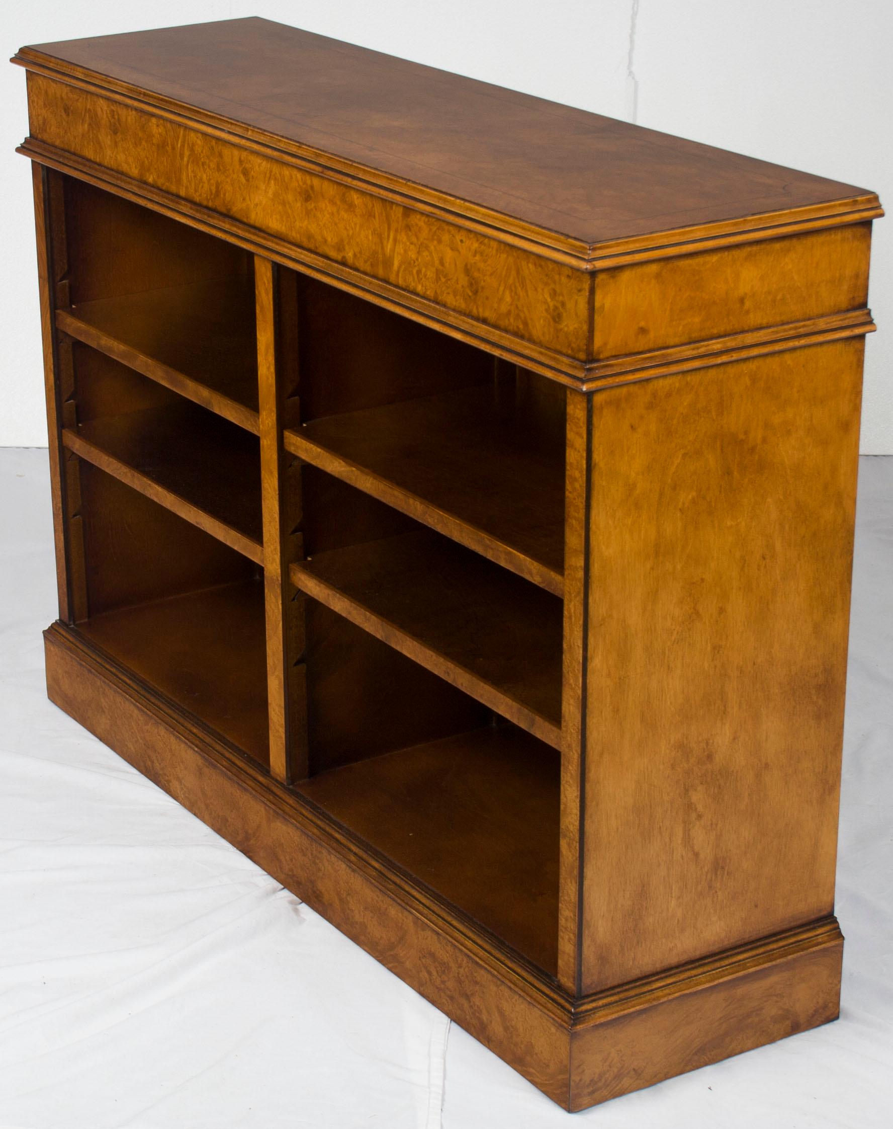Burl Walnut Low Double Open Bookcase Bookshelf For Sale 1