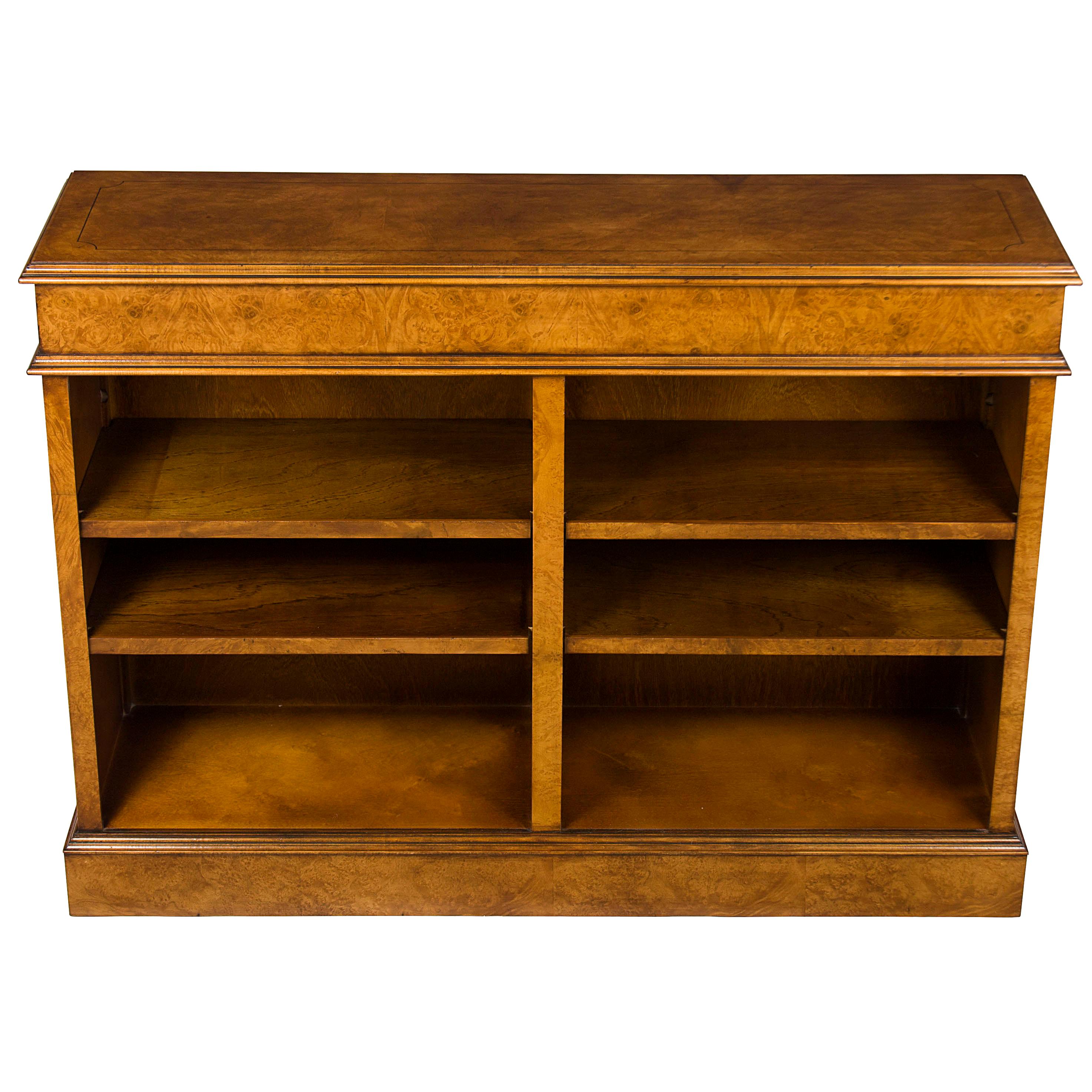 Burl Walnut Low Double Open Bookcase Bookshelf For Sale