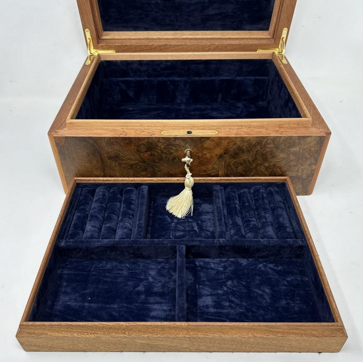 Contemporary Burl Walnut Mahogany Handmade Jewelry Casket Box by Manning of Ireland Irish New For Sale